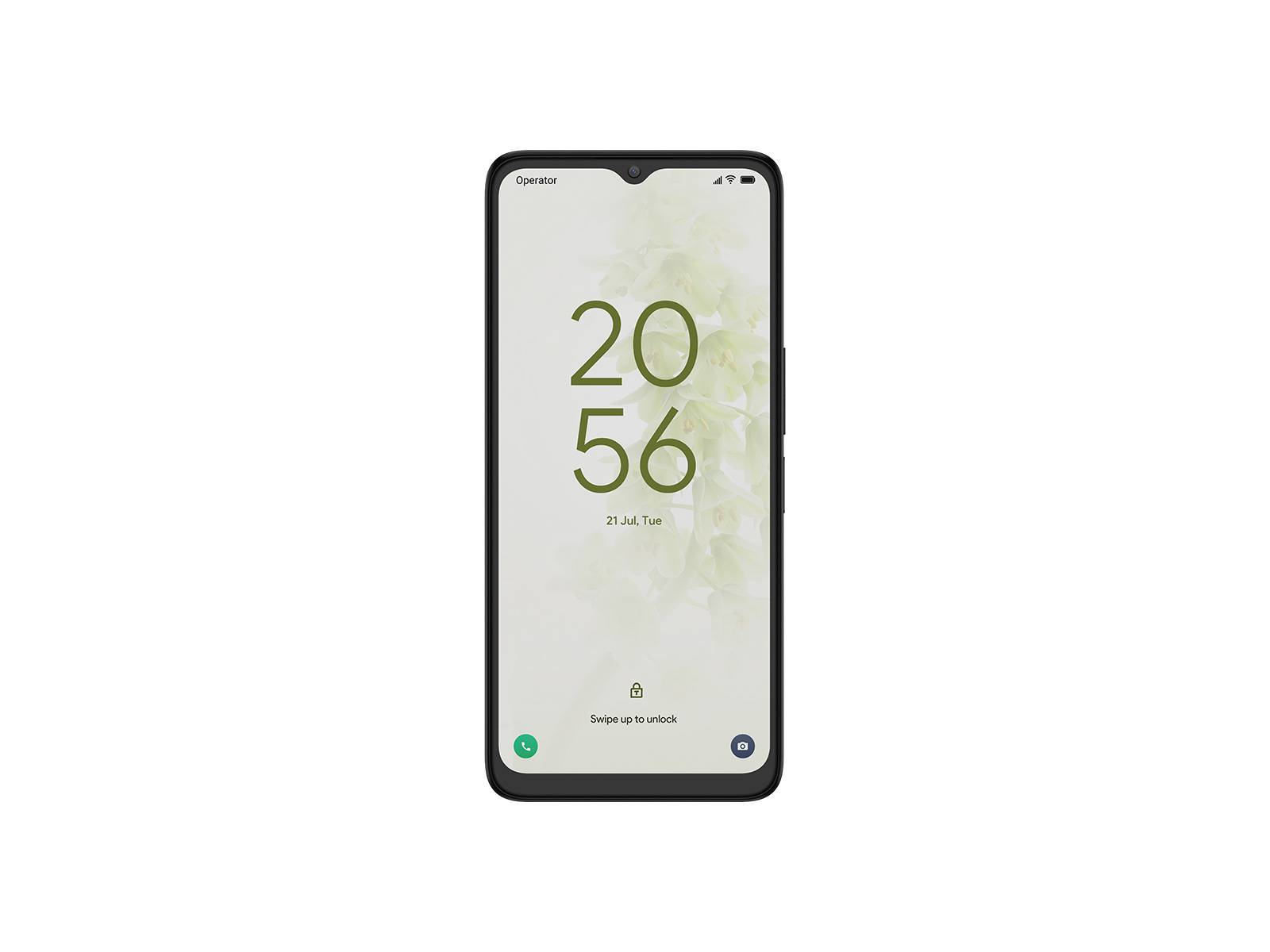 Czarny smartfon wyświetla godzinę 20:56. Tło to miękki, kwiatowy wzór.