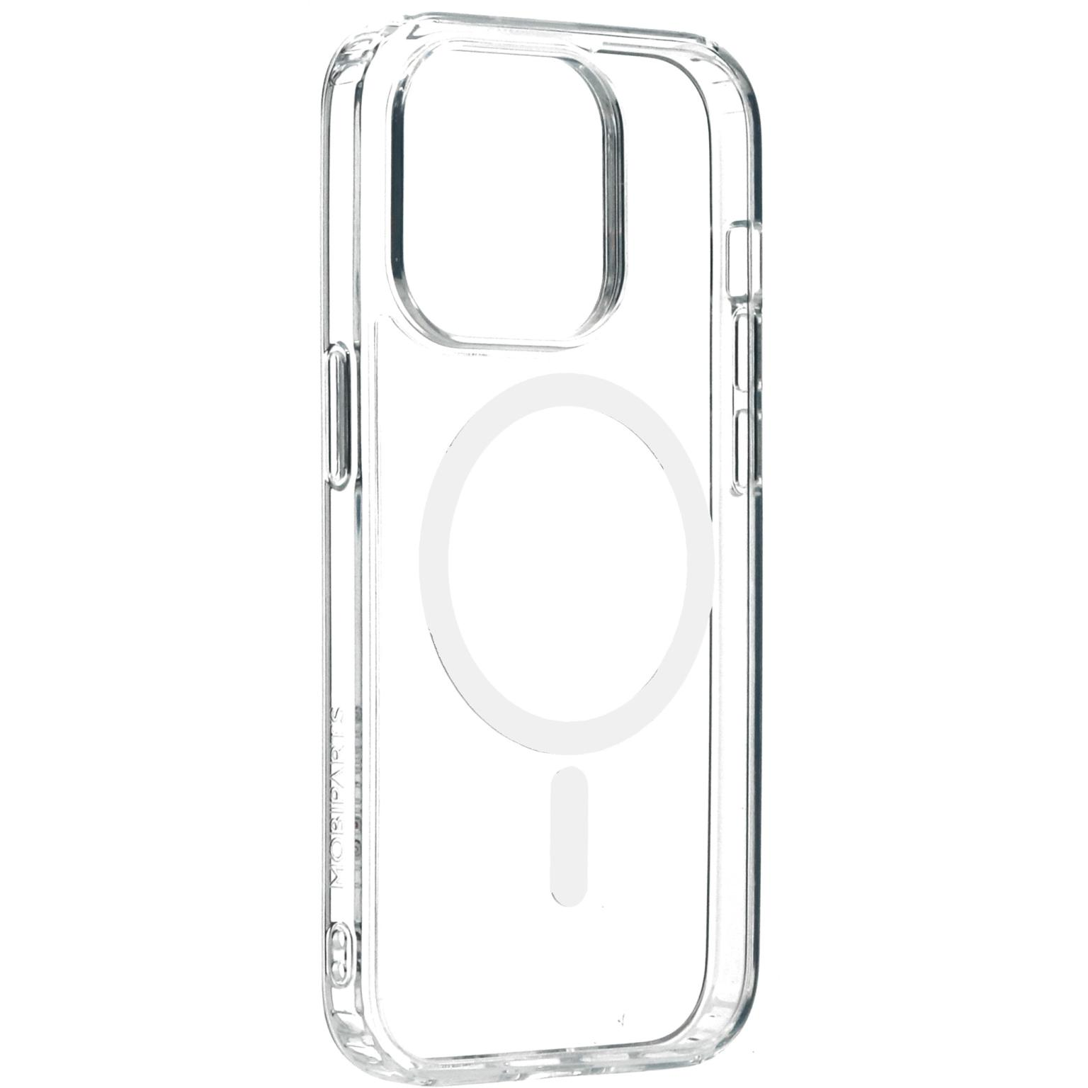 Transparante telefoonhoes met een magnetische ring en een camera-uitsparing. Het is helder.