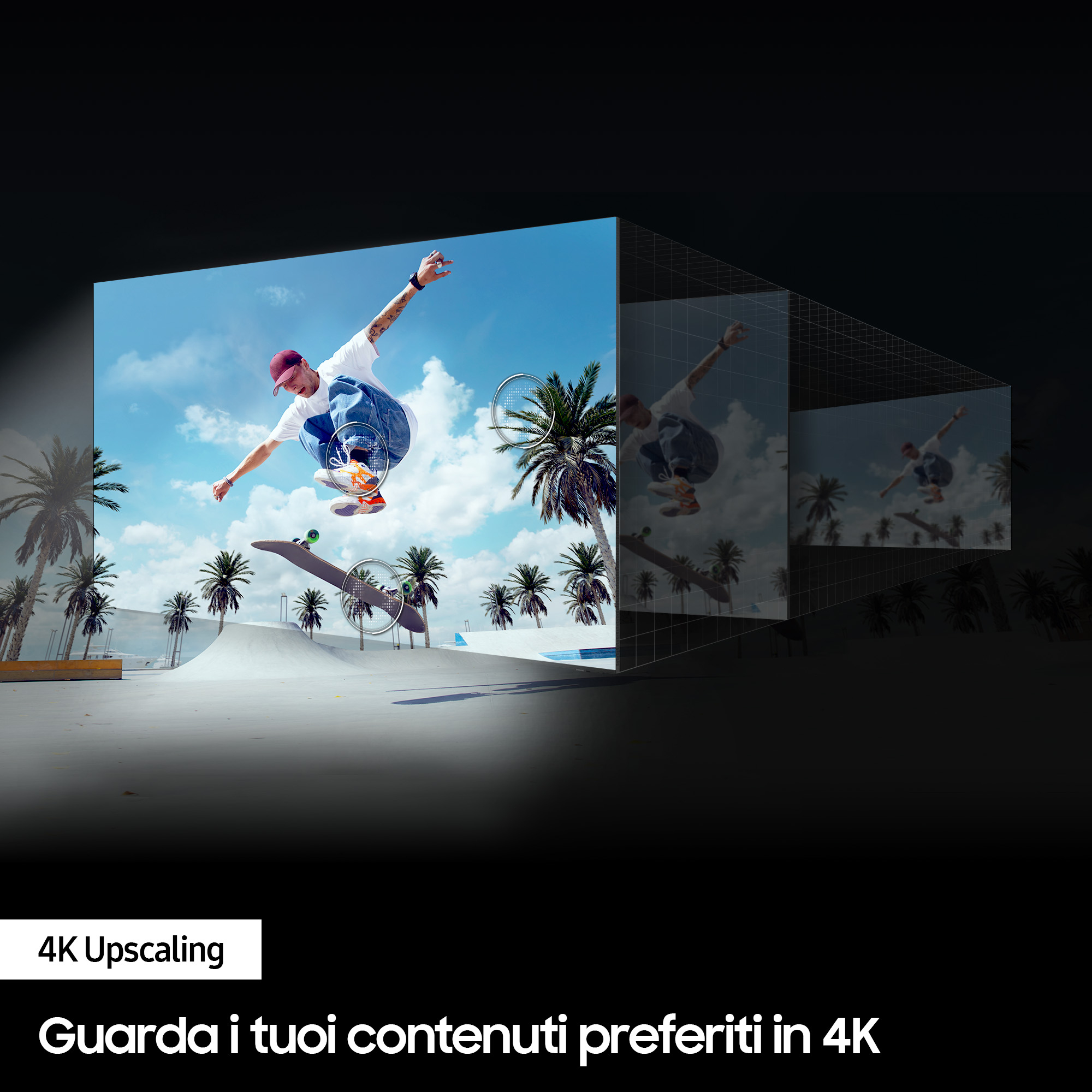 Uno schermo TV che mostra uno skater, con testo 4K Upscaling. Lo sfondo mostra palme e uno skate park.
