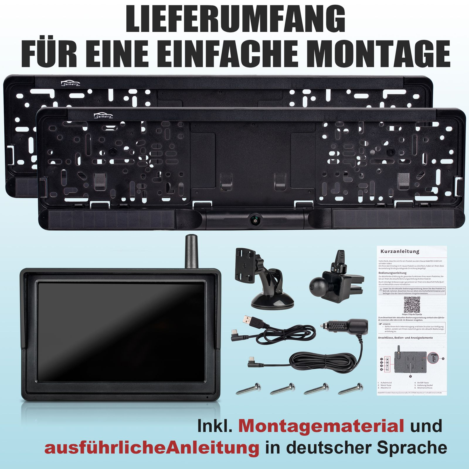 Ein Einbau-Kit für eine Rückfahrkamera. Es enthält alle notwendigen Komponenten.