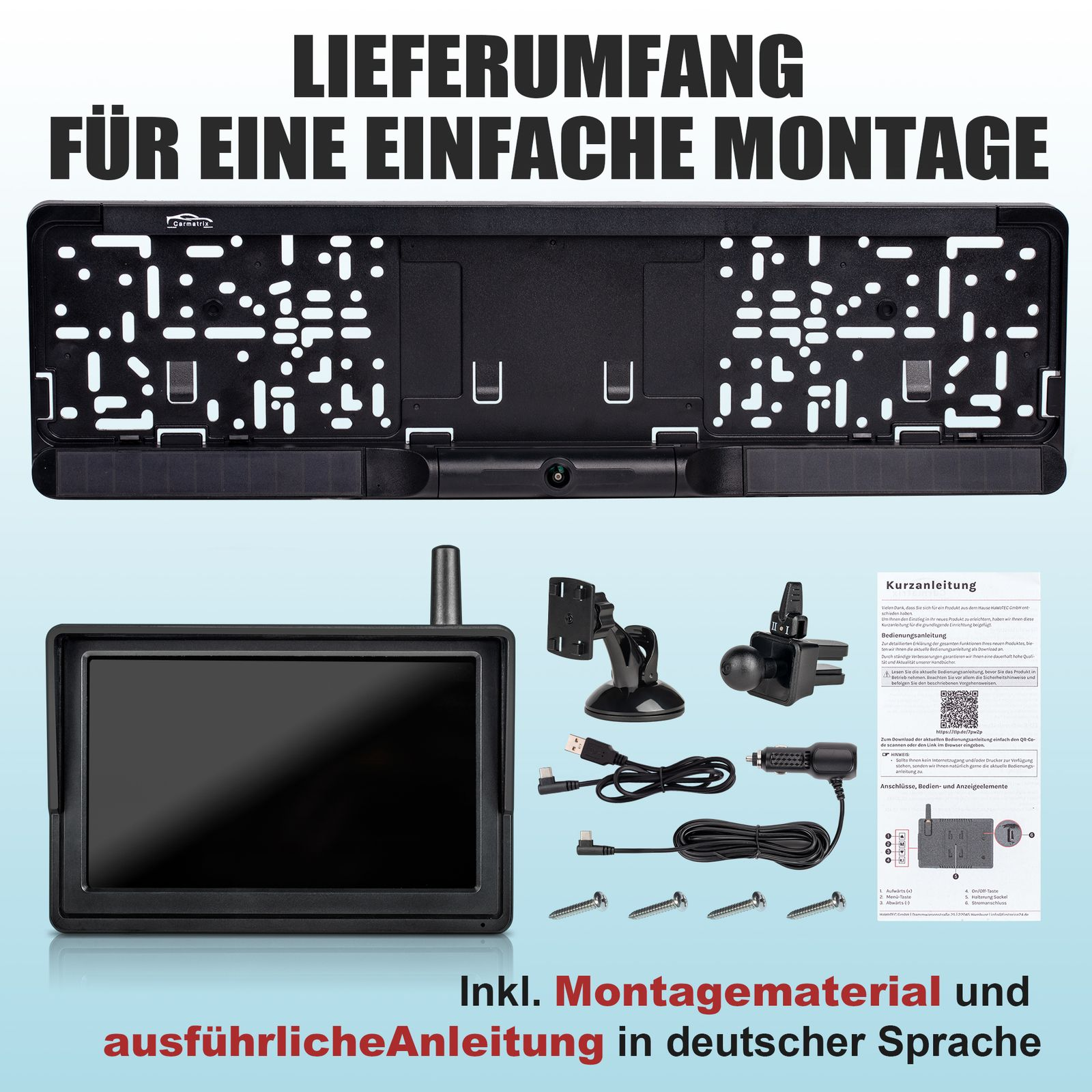 Ein Kfz-Kennzeichenhalter mit Bildschirm und Zubehör, einer Anleitung und Montagematerial.