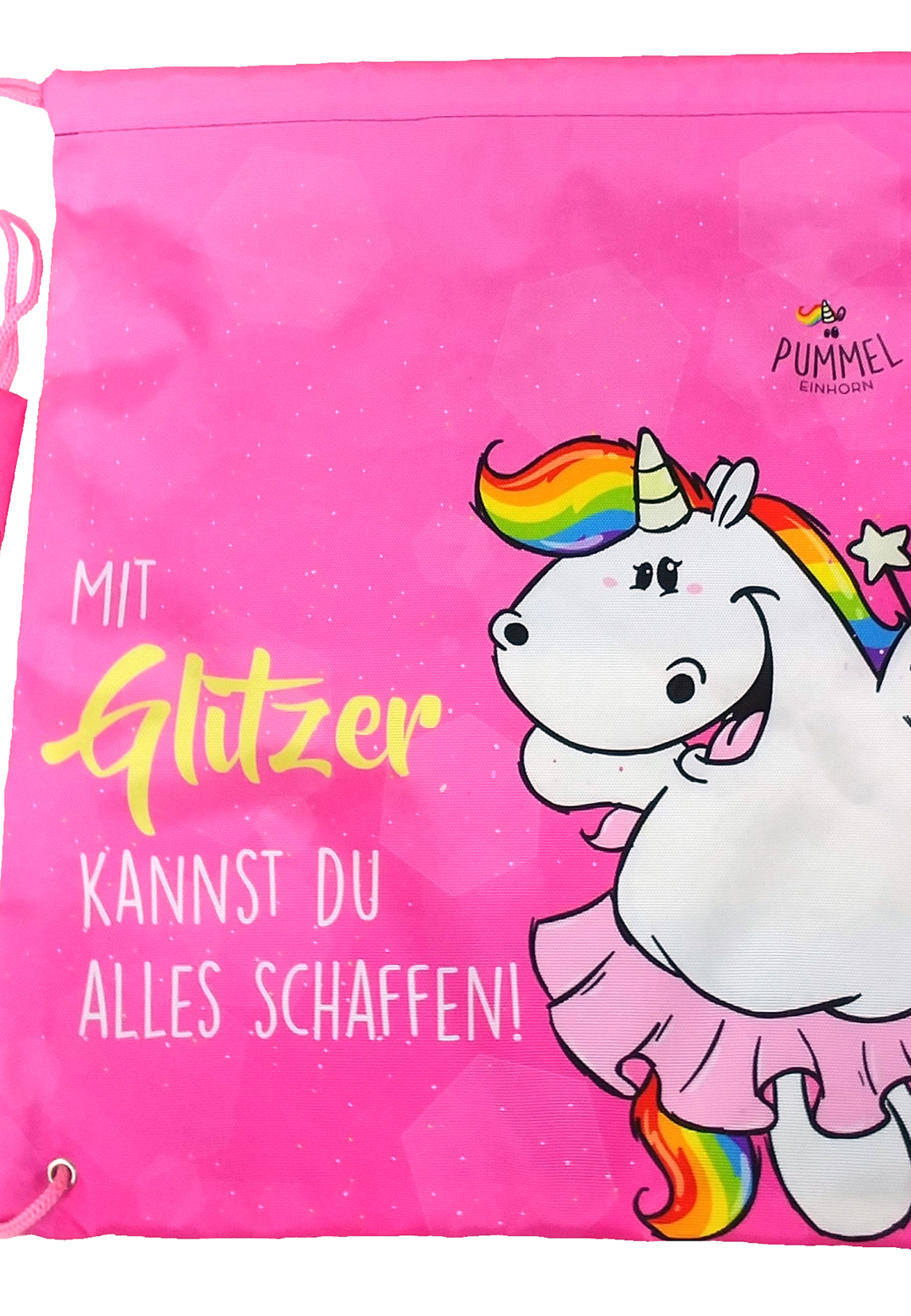 Ein pinkfarbener Kordelzugbeutel mit einem Einhorn-Cartoon, Regenbogenmähne und gelbem Text.