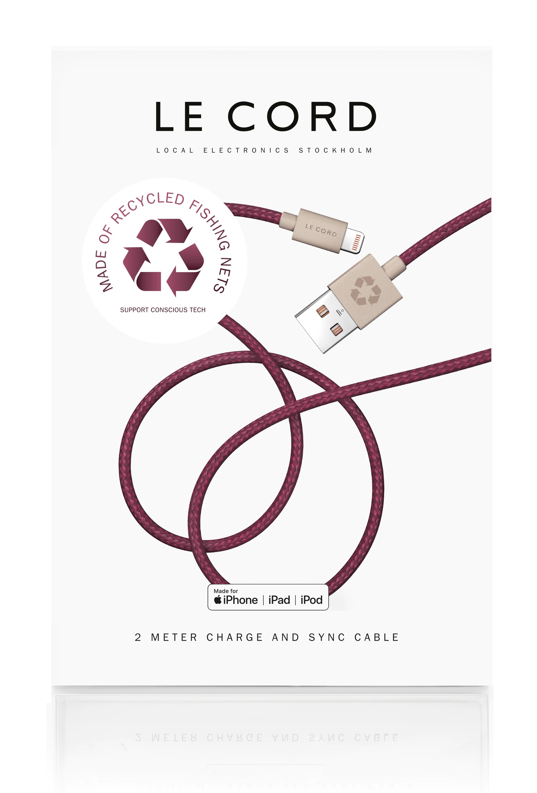 Schachtel mit einem Ladekabel aus recycelten Fischernetzen. Text: Le Cord, Made for iPhone/iPad/iPod.