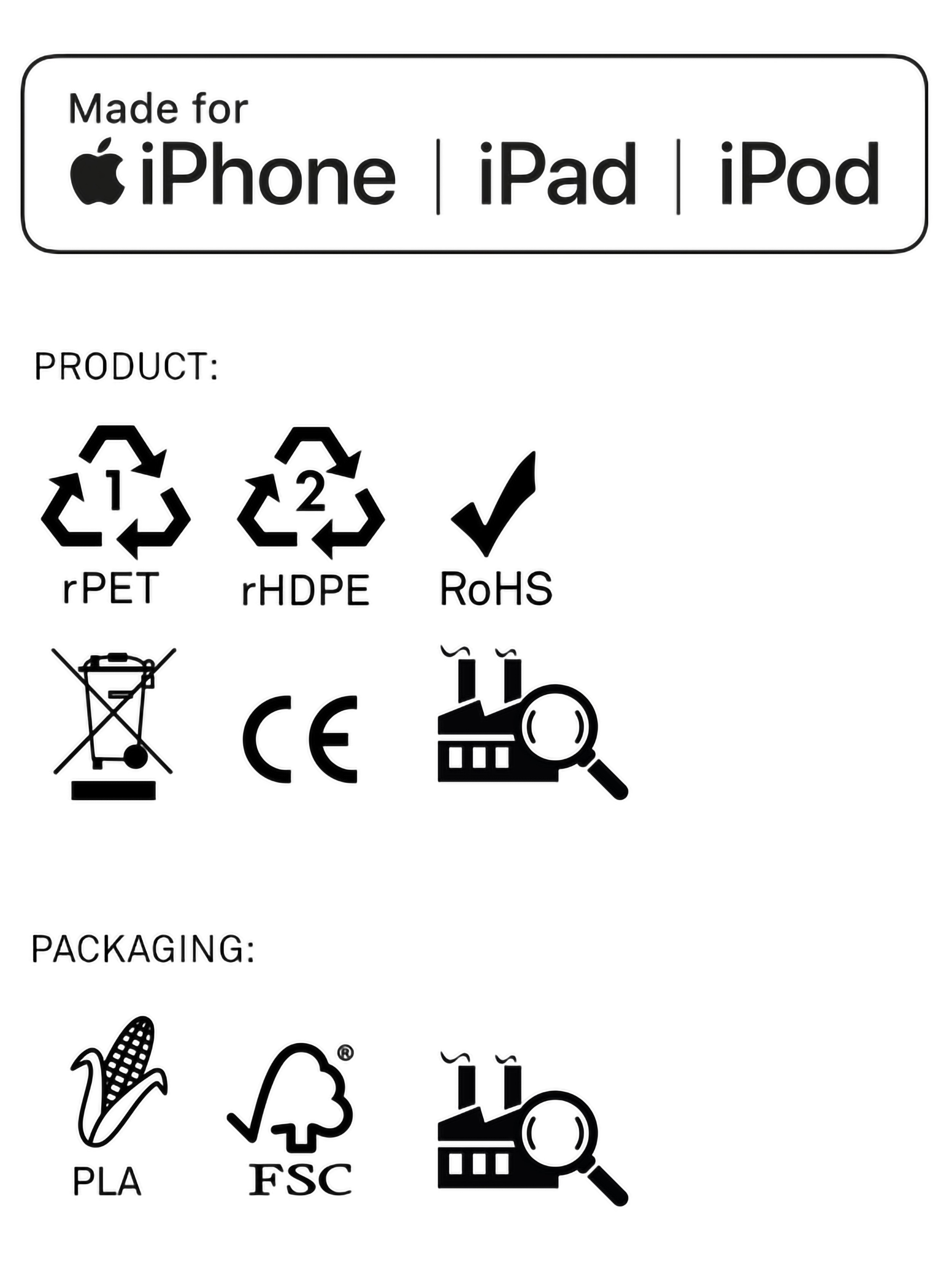 Weißer Hintergrund mit Recycling-Symbolen, RoHS und anderen Umweltinformationen.
