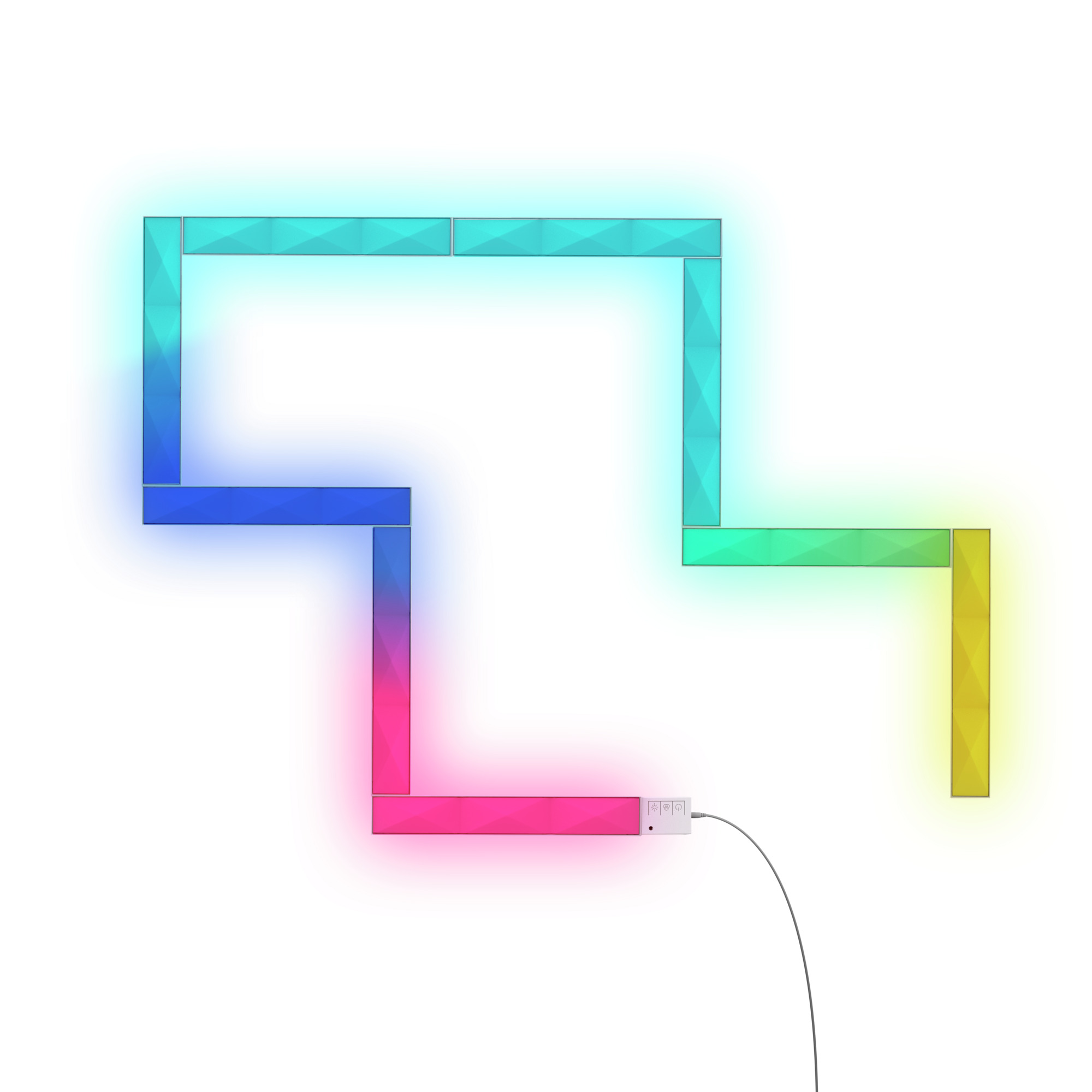 Geometrisches LED-Lichtdesign, verschiedene Farben, auf weißem Hintergrund.
