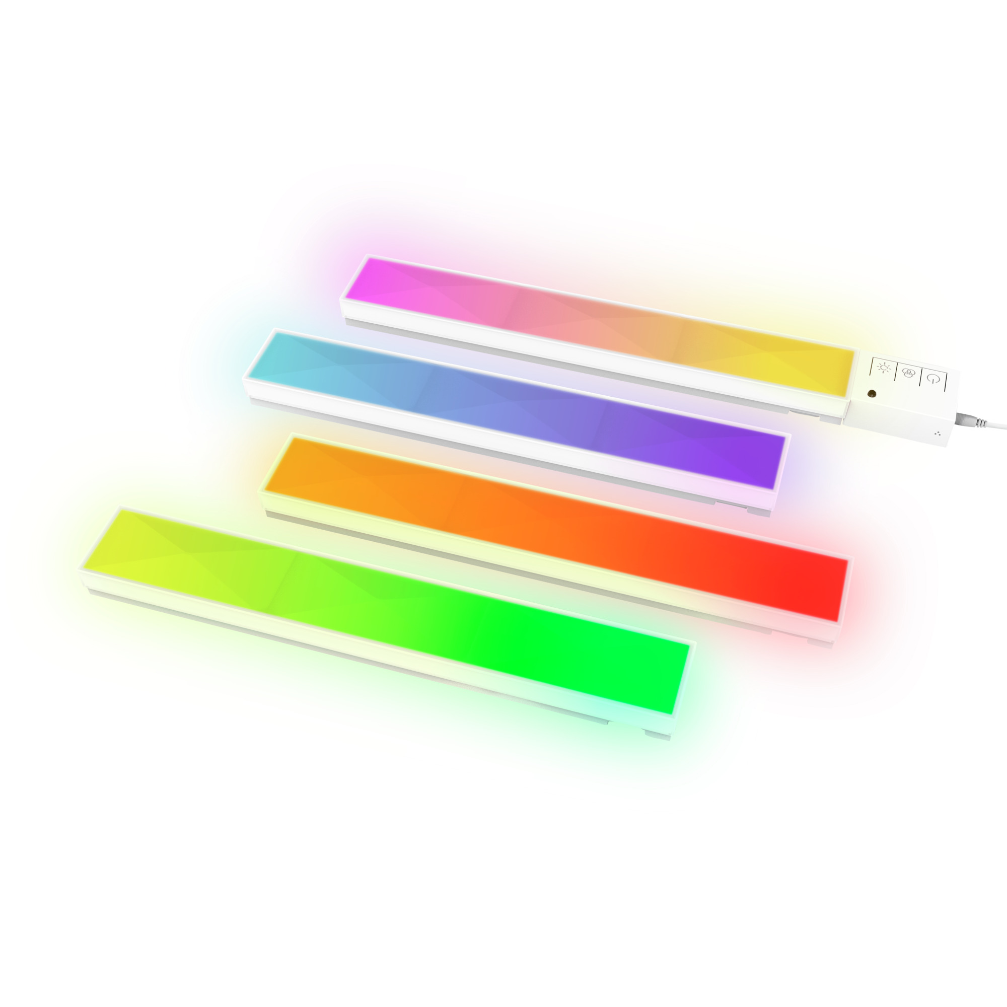 Vier farbige Lichtleisten auf weißem Hintergrund. Jede Leiste hat eine andere Farbe und ist an.