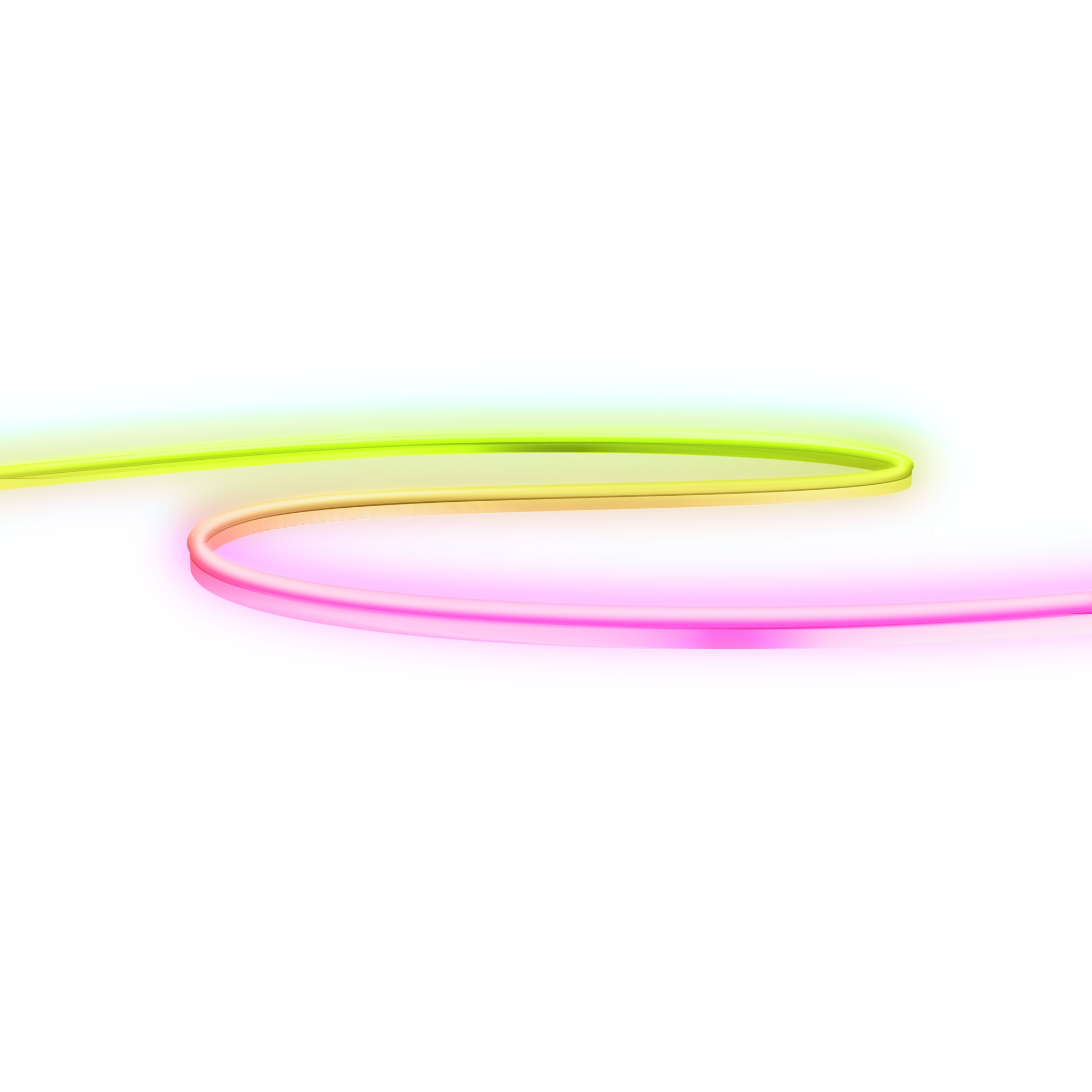 Een kleurrijke neonlichtlijn met een verloop van groen, geel en roze kleuren op een witte achtergrond.