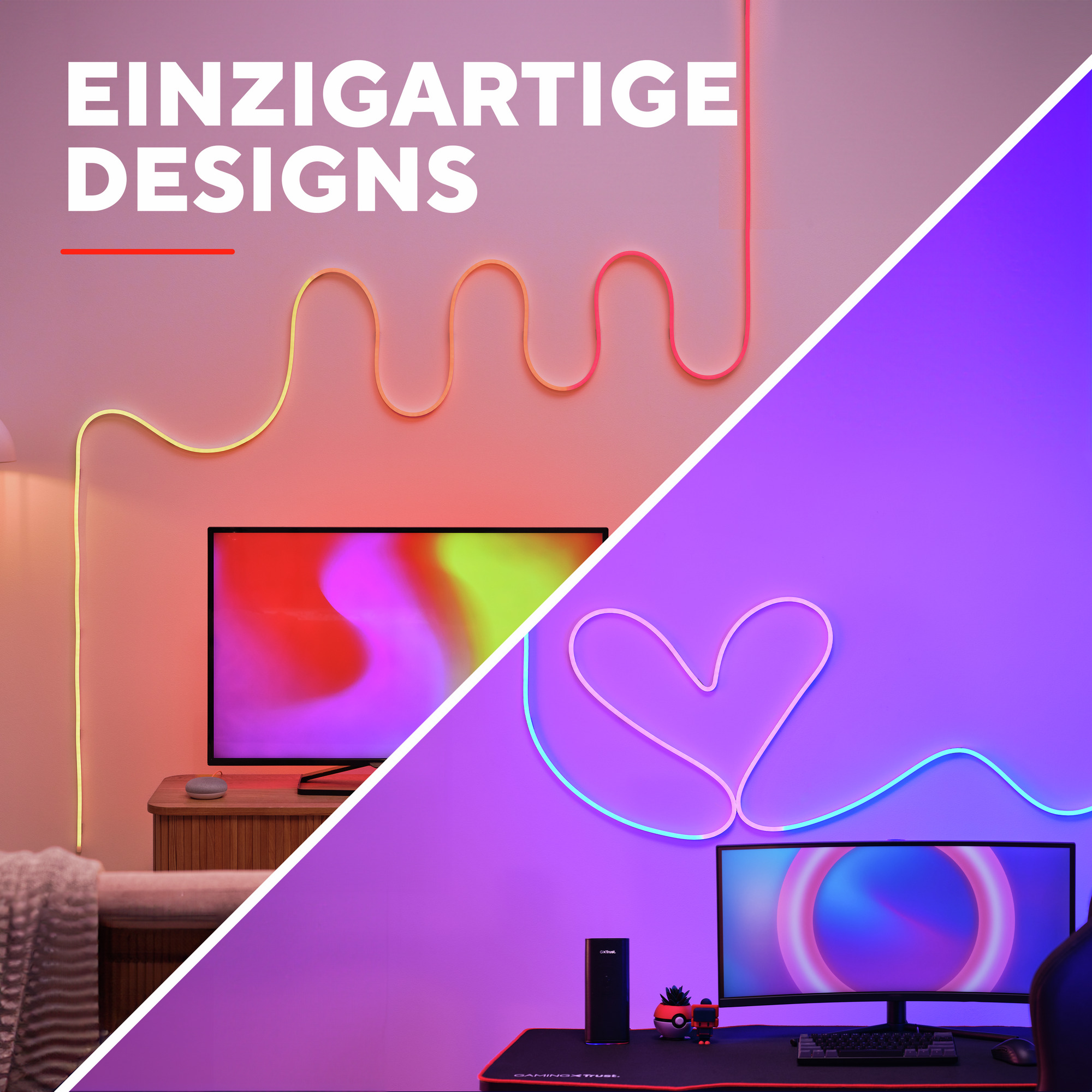Twee scènes met neonlichten. Eén met een tv en golvende lichten, een andere met een hartvorm.