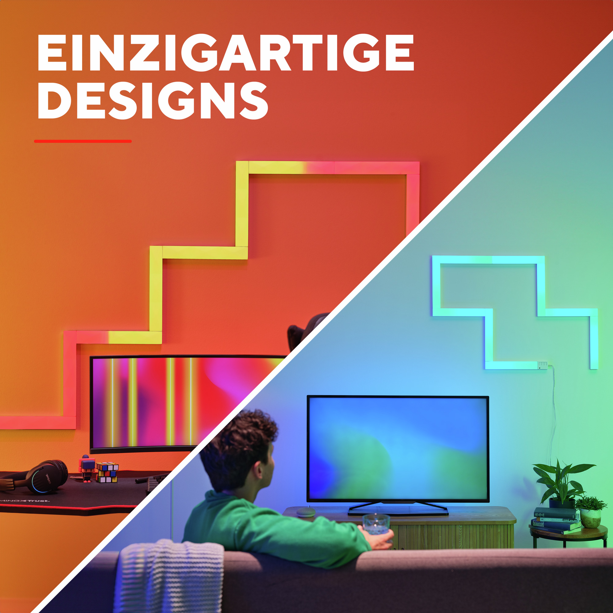 Zimmer mit bunten LED-Streifen beleuchtet. Ein Mann sitzt auf dem Sofa und sieht fern.