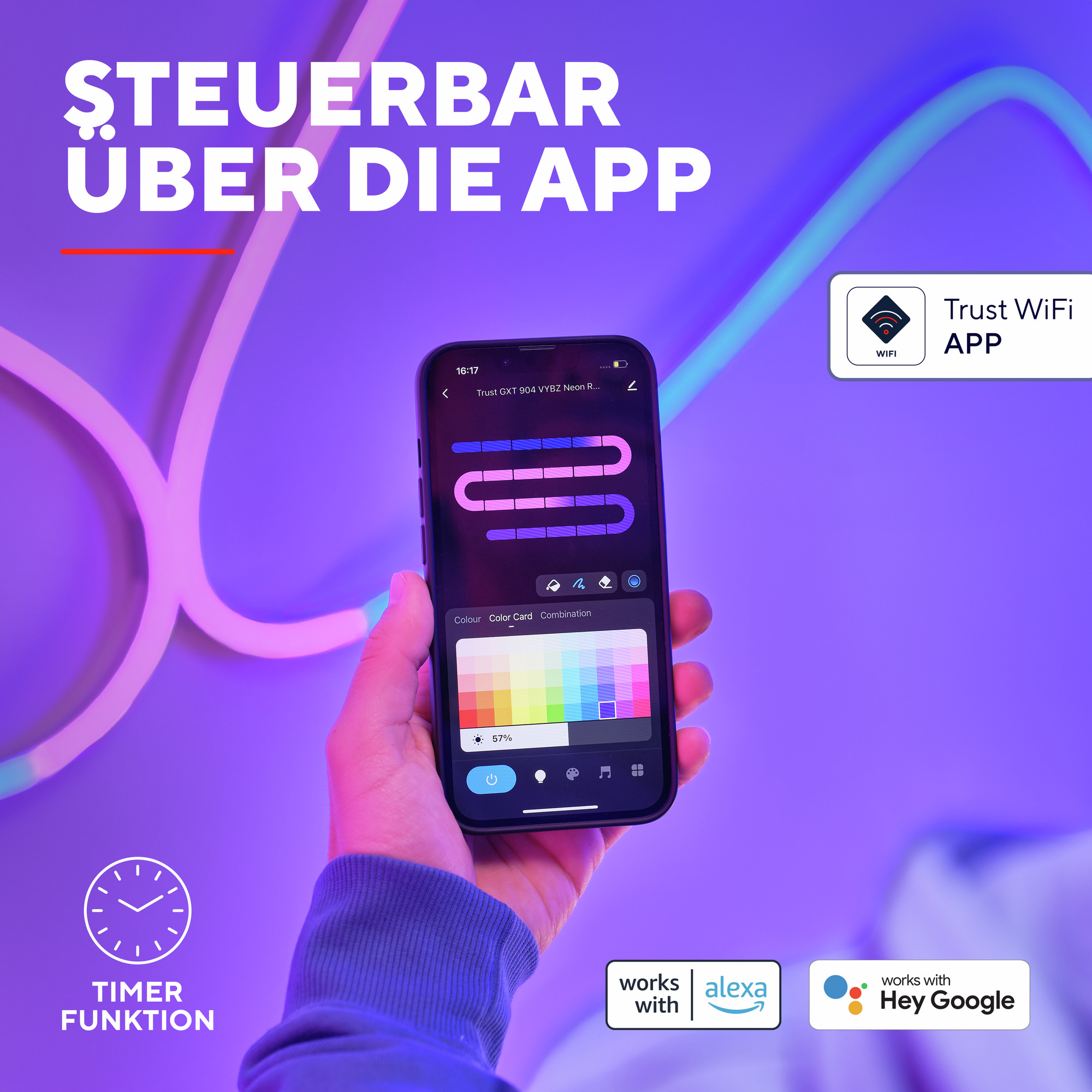 Een hand die een telefoon vasthoudt met een kleurrijke app-interface, die neonlichten bedient.