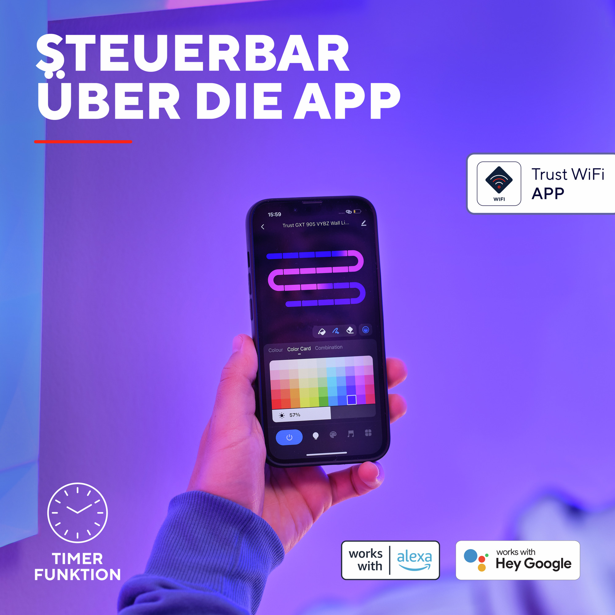 Hand, die Smartphone hält, das App-Oberfläche anzeigt. Lila und blaues Licht. Text: Steuerbar per App.