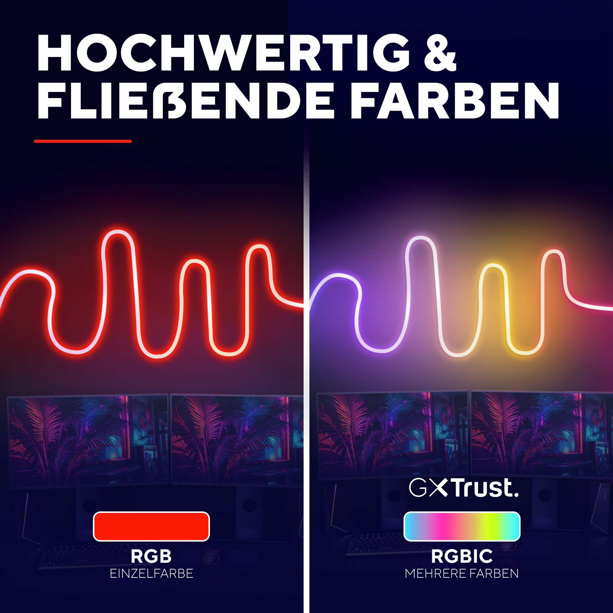 Afbeelding met twee schermen met neonlichten, een rode en de andere RGBIC, boven monitoren.