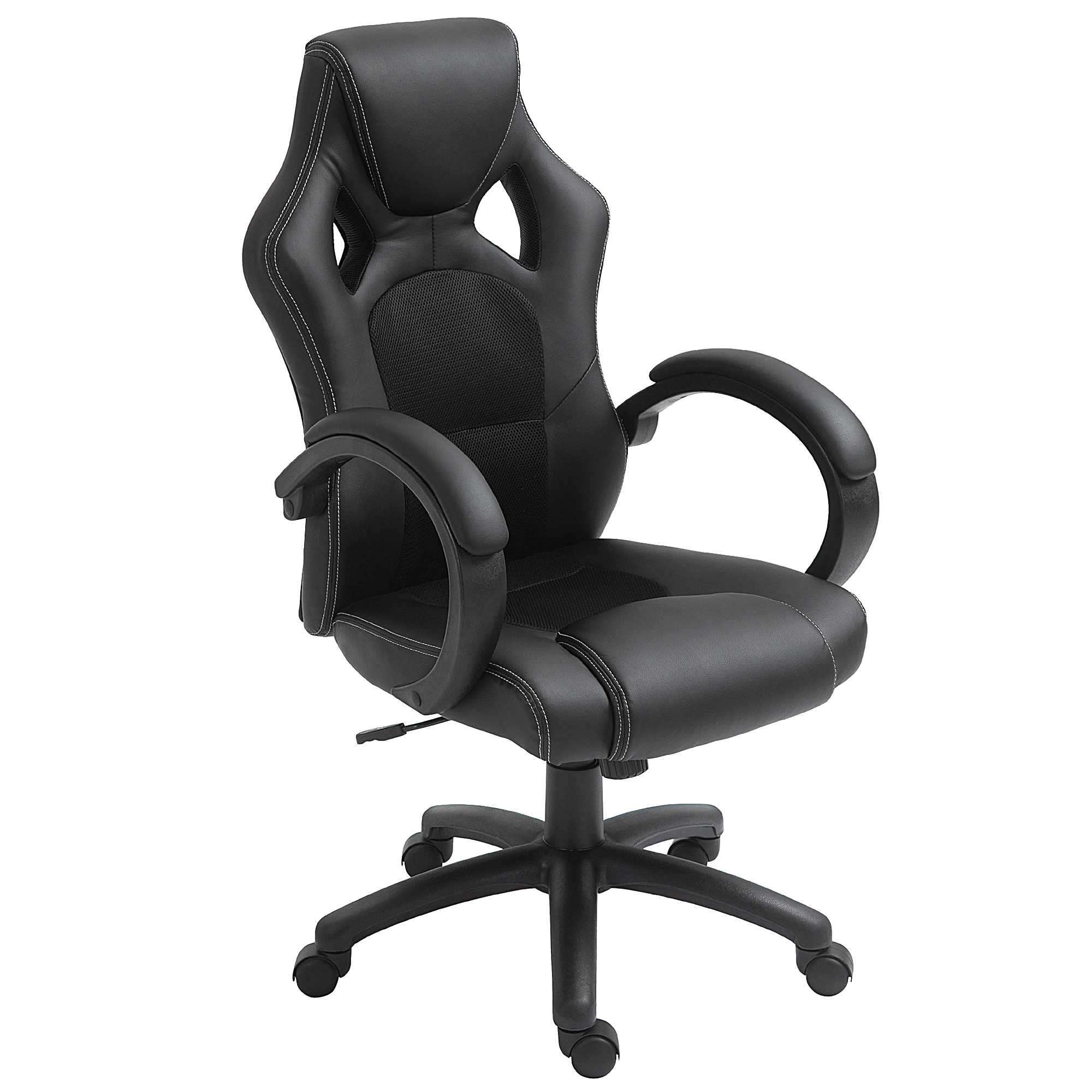 Sedia da gaming nera con cuciture bianche. Schienale alto, braccioli e base a cinque stelle con ruote.