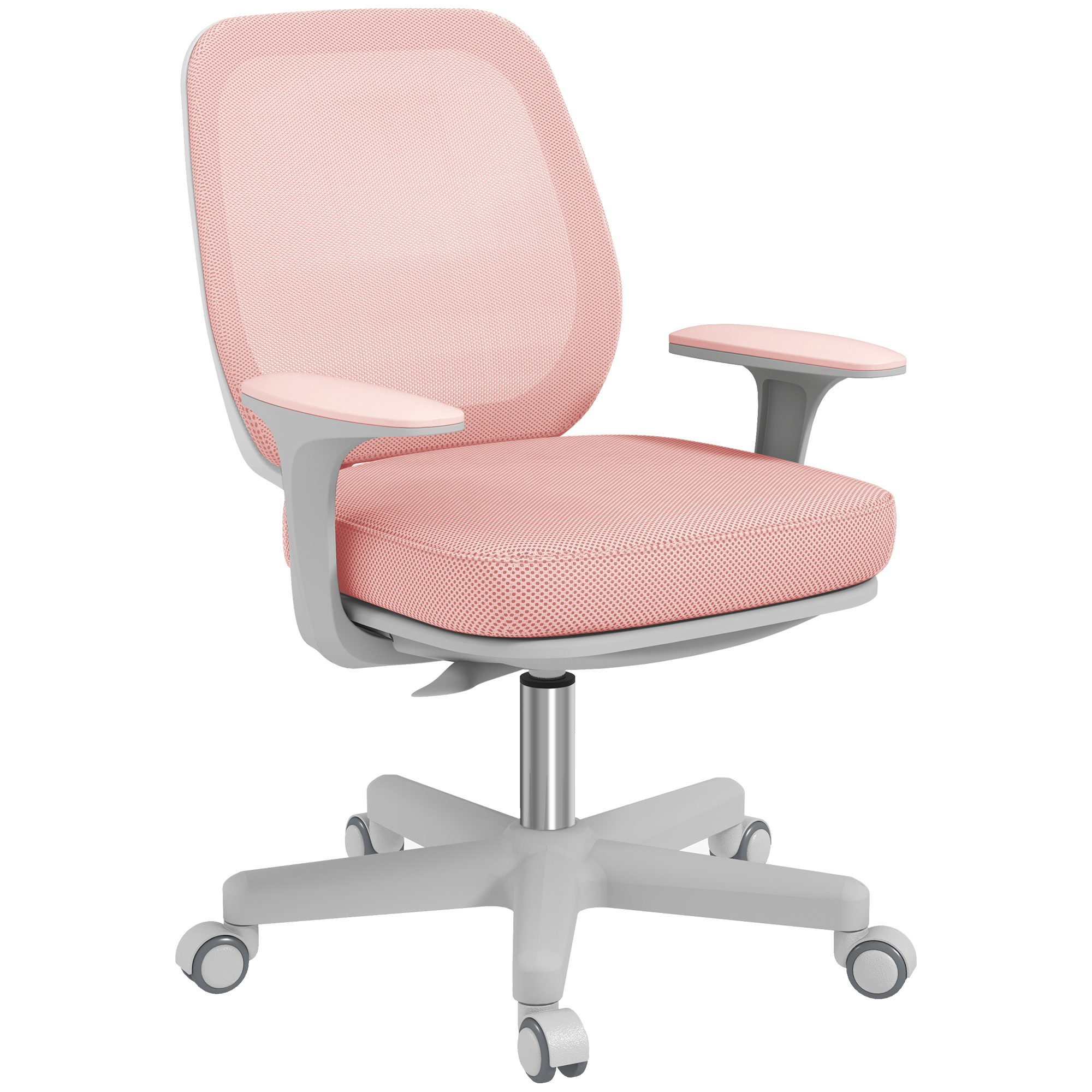 Sedia da ufficio rosa. Base, braccioli e ruote grigie. Schienale e seduta in rete.