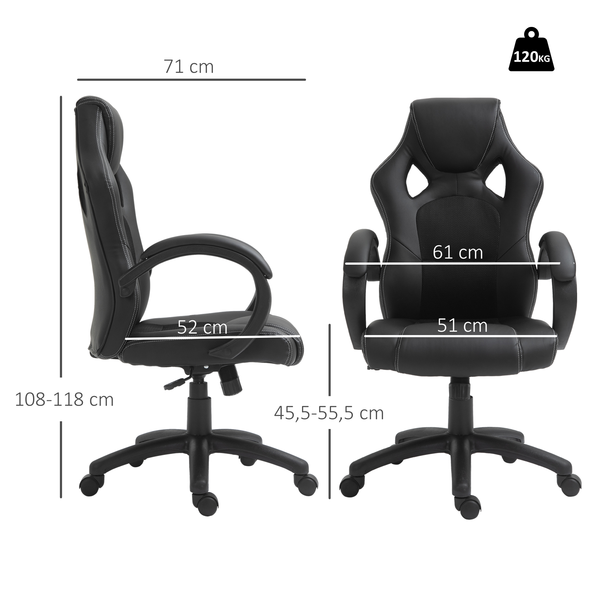 Due viste di una sedia da gaming nera, con dimensioni e una capacità di peso di 120 kg.
