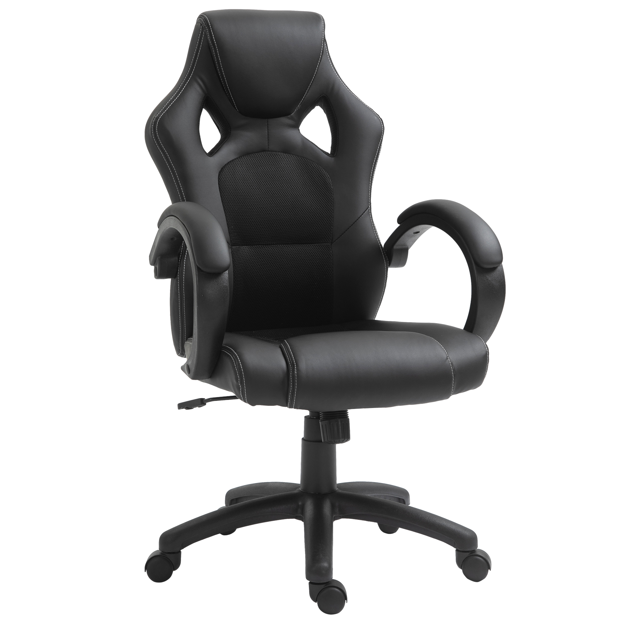 Sedia da gaming bianca e nera con cuciture bianche. Base e braccioli neri.