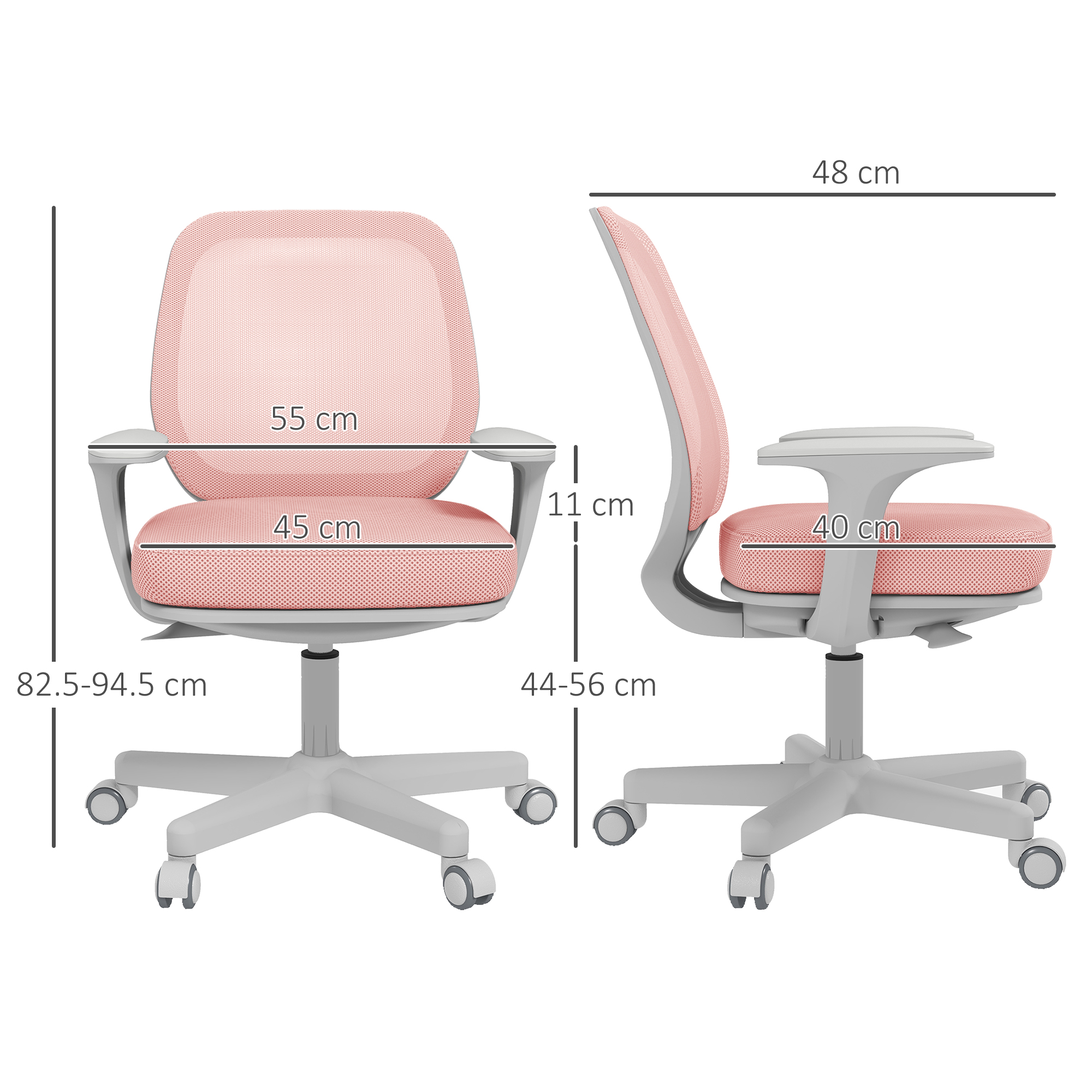 Sedia da ufficio rosa con dimensioni. Ha uno schienale in rete, braccioli e una base a cinque razze. Sfondo grigio.