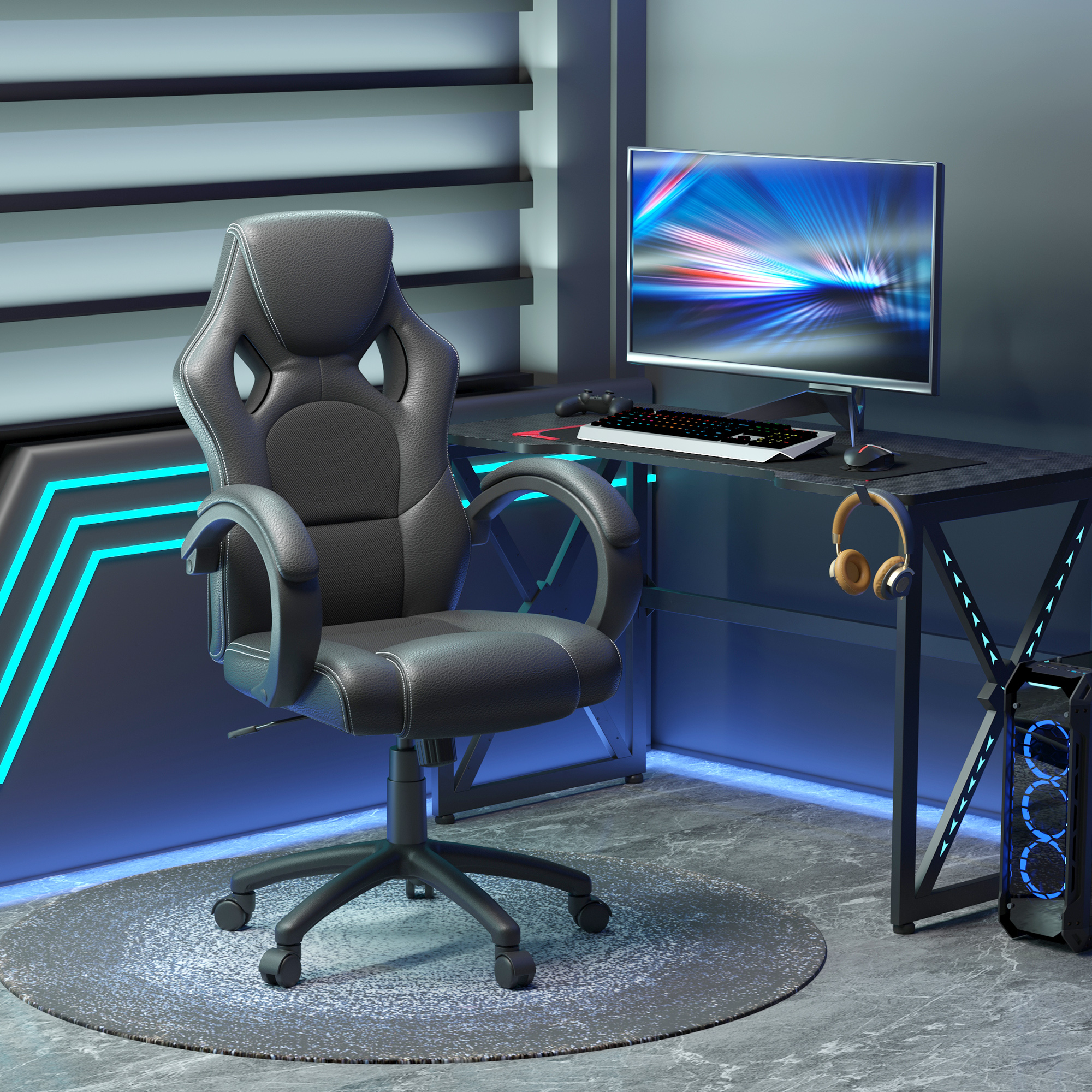 Una sedia da gaming, scrivania e monitor in una stanza con illuminazione blu e tappeto rotondo.