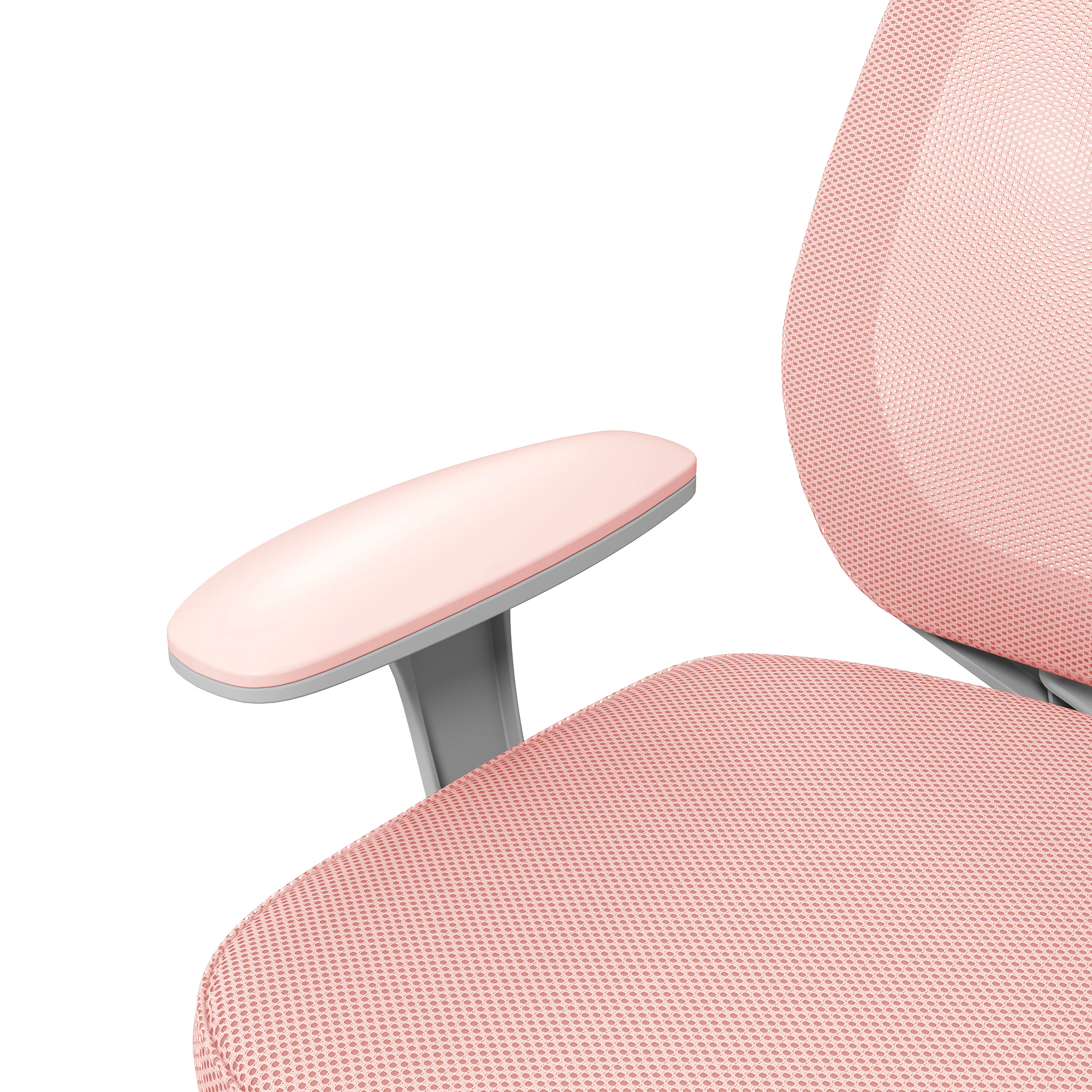 Primo piano del bracciolo rosa di una sedia con supporto grigio. Tessuto a rete rosa.