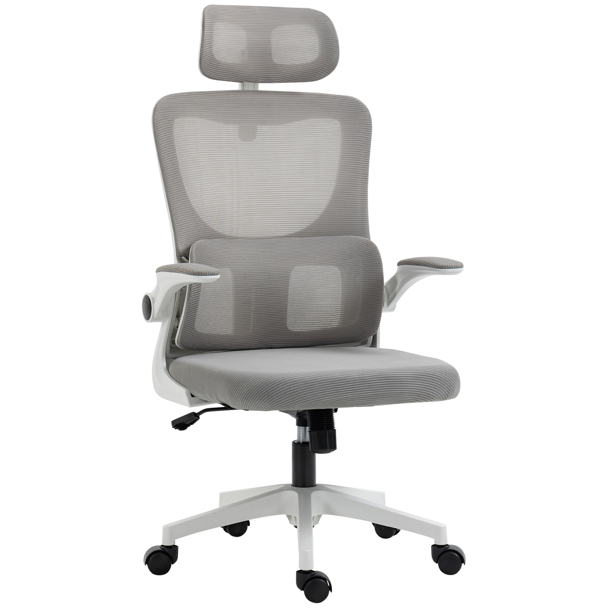 Una sedia da ufficio grigia con schienale in rete e telaio bianco, su sfondo bianco.