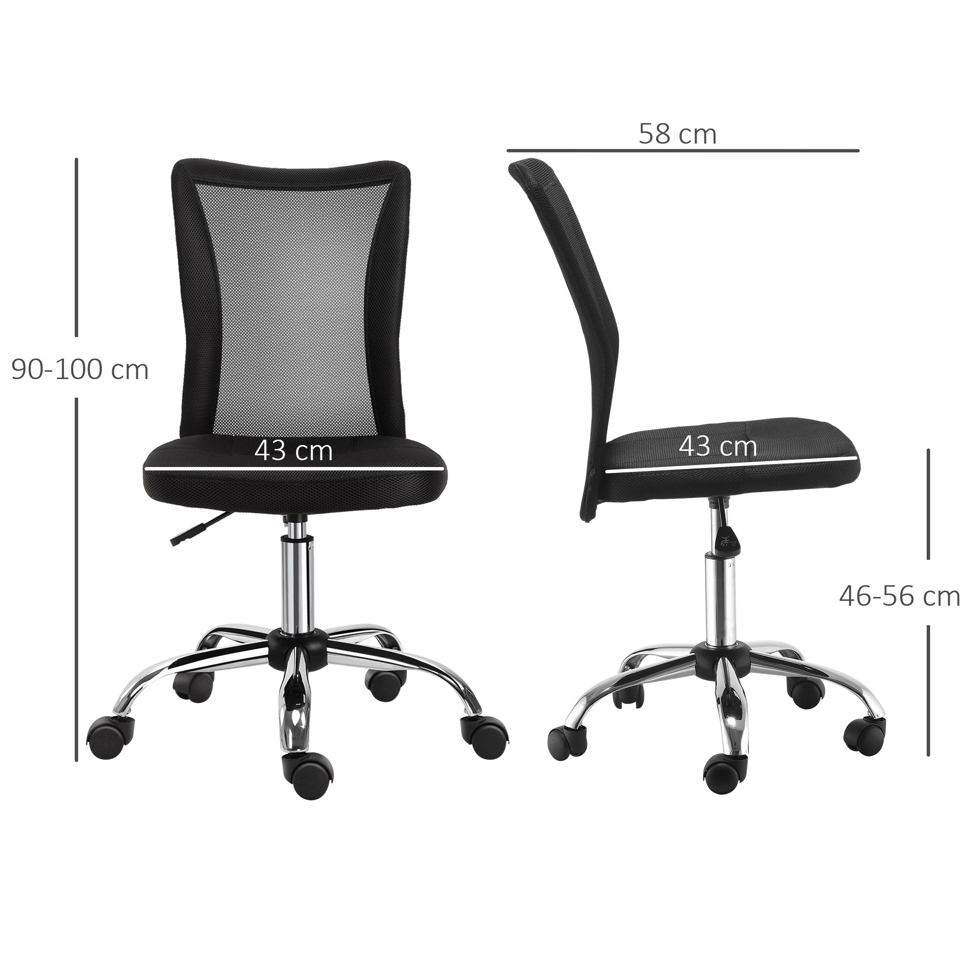 Diagramm mit den Abmessungen eines Bürostuhls: 90–100 cm Höhe, 43 cm Breite, 58 cm Tiefe, 46–56 cm Sitzhöhe.