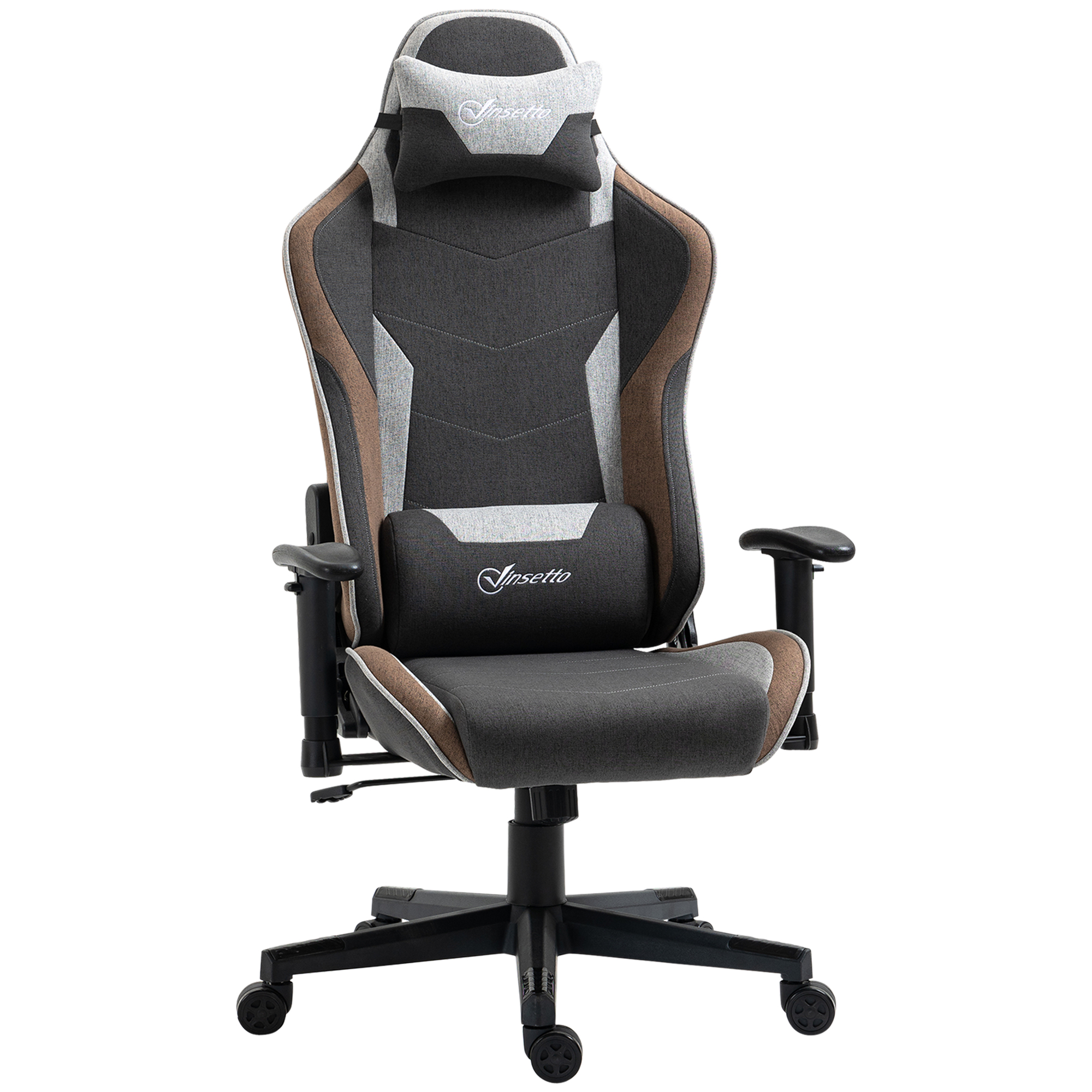 Sedia da gaming con dettagli grigi, marroni e bianchi, poggiatesta e logo.