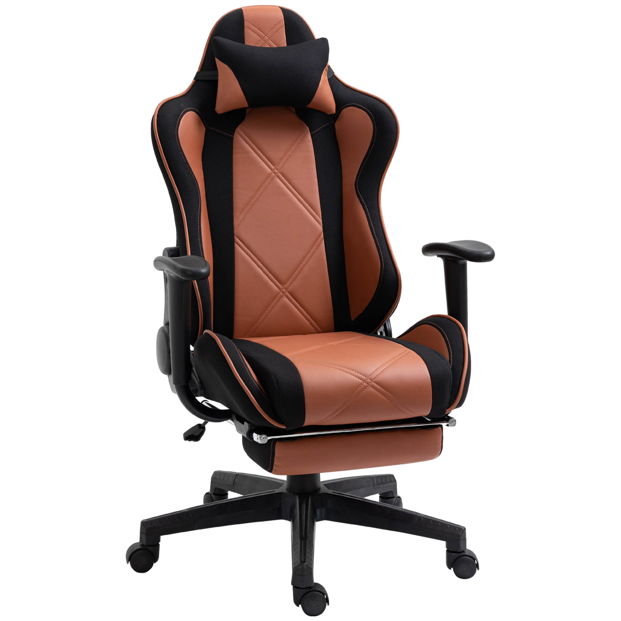Sedia da gaming marrone e nera. Con poggiatesta, braccioli e poggiapiedi. Base nera con ruote.