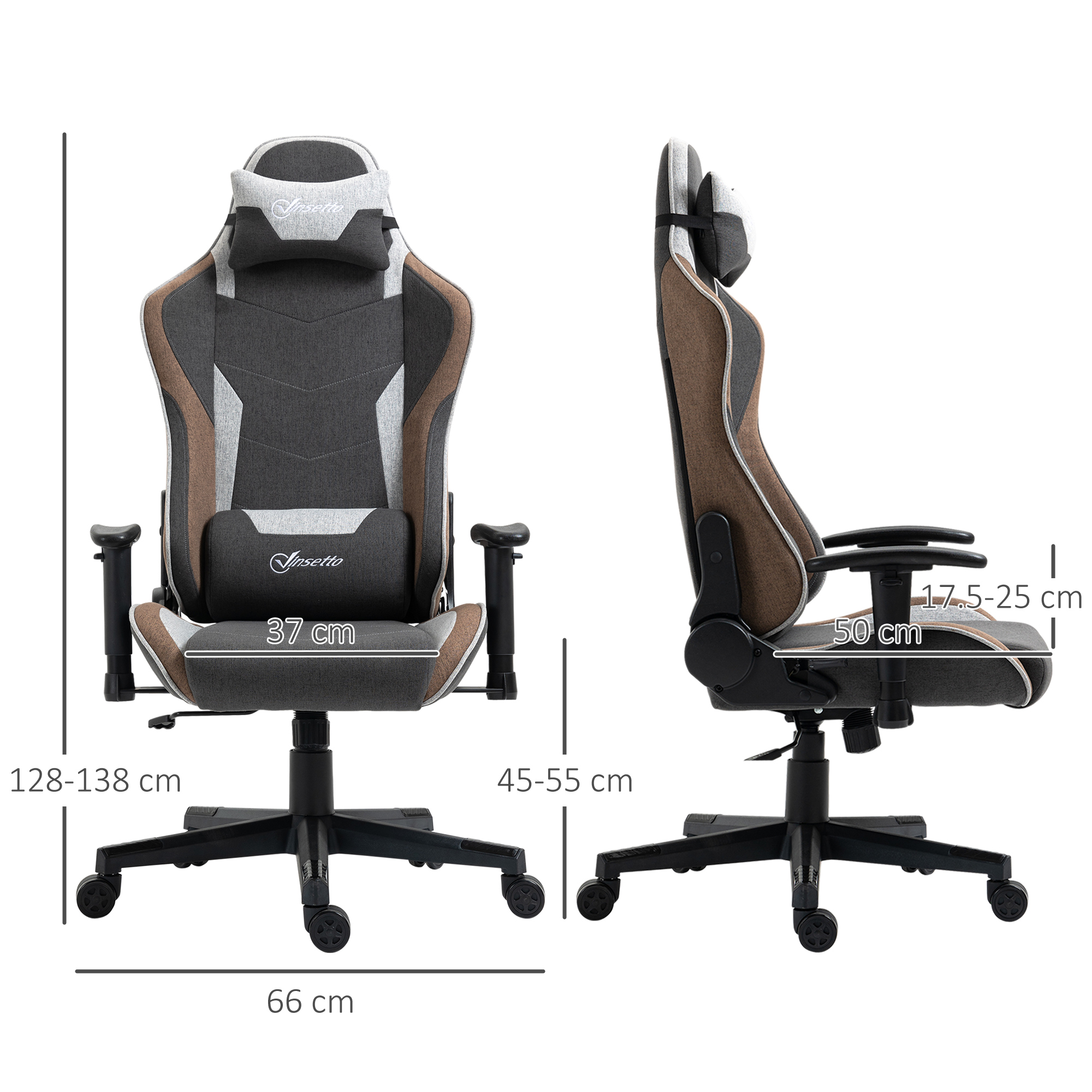 Sedia da gaming, grigia e marrone, con dimensioni e ruote nere.