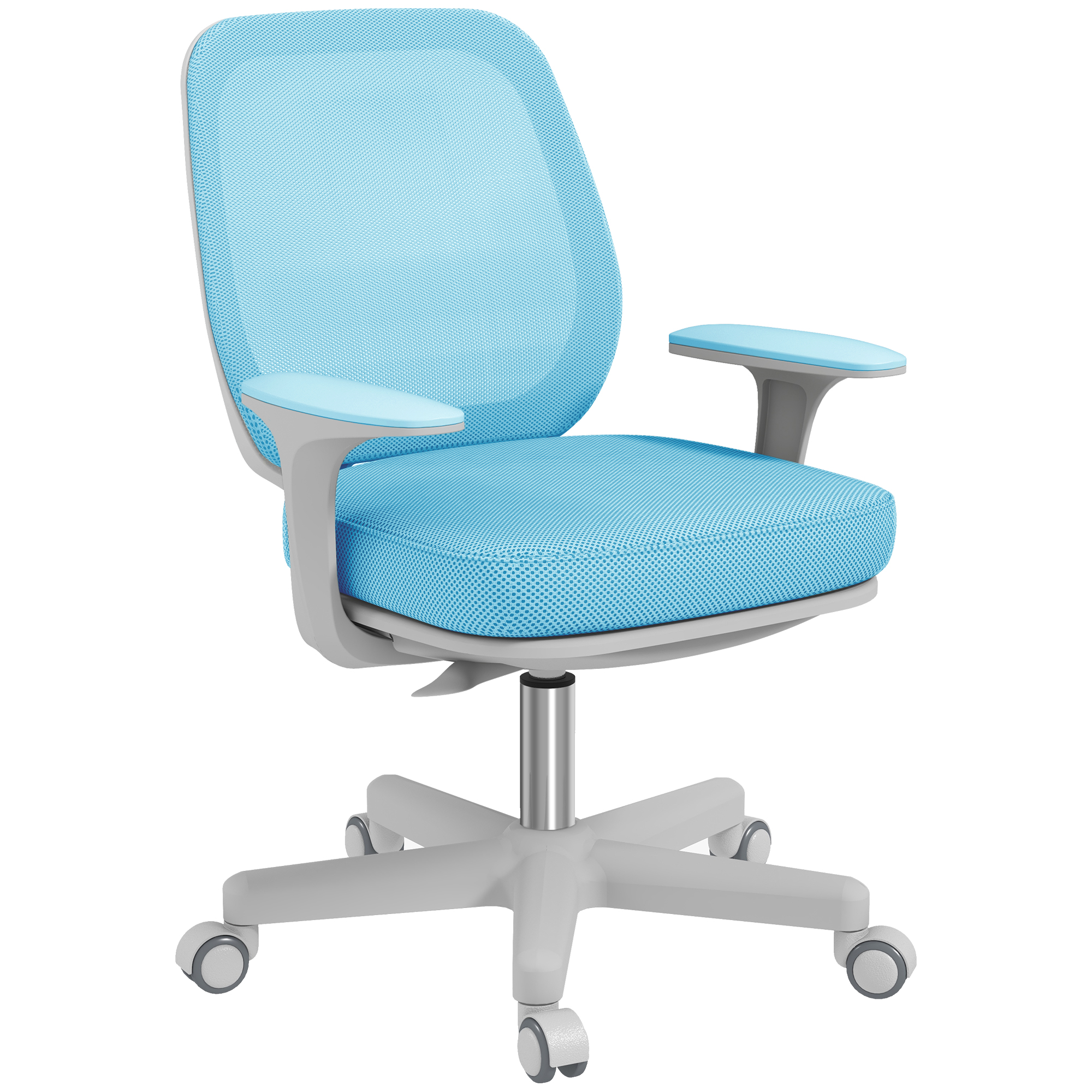 Sedia da ufficio blu e grigia con braccioli e schienale in rete.