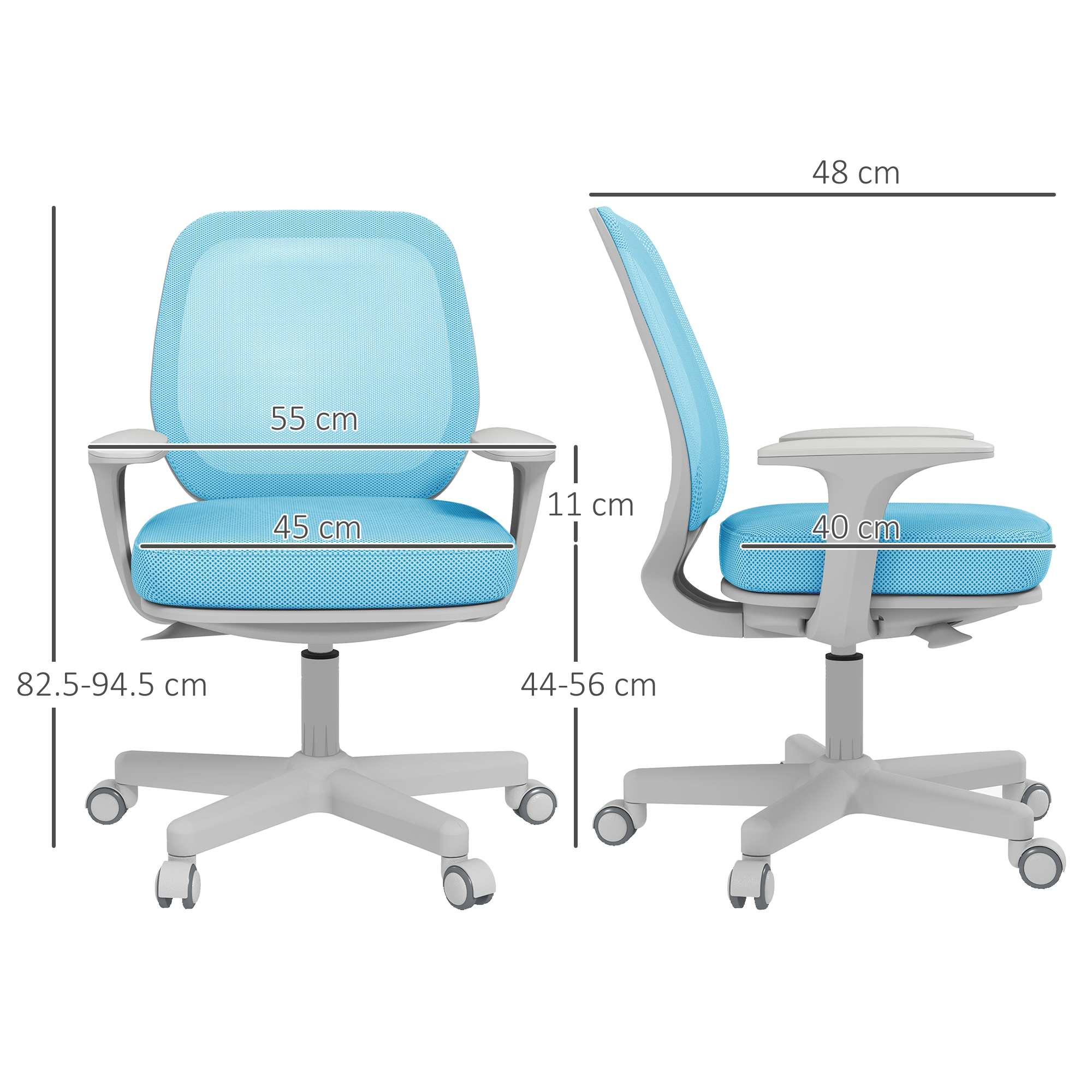 Sedia da ufficio blu con dimensioni, telaio bianco.