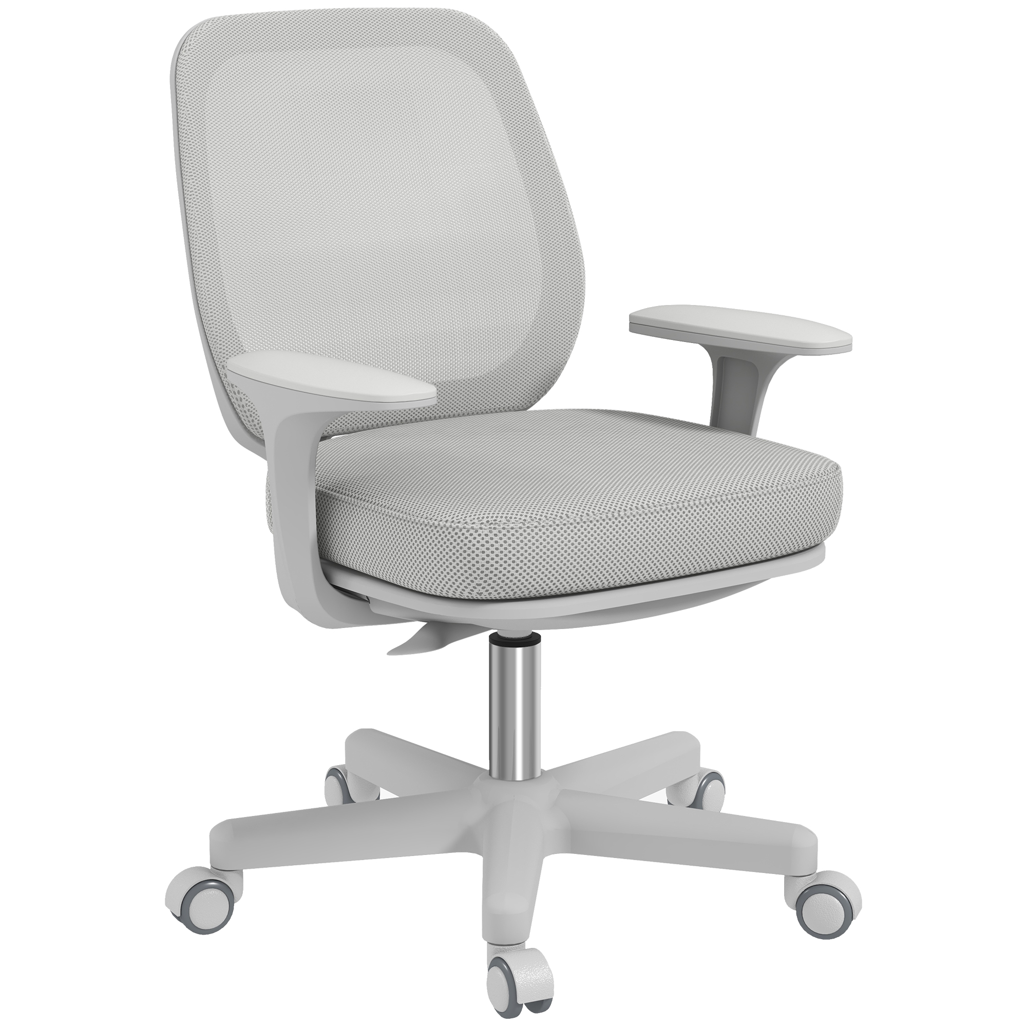 Una sedia da ufficio grigia con braccioli bianchi su sfondo bianco.