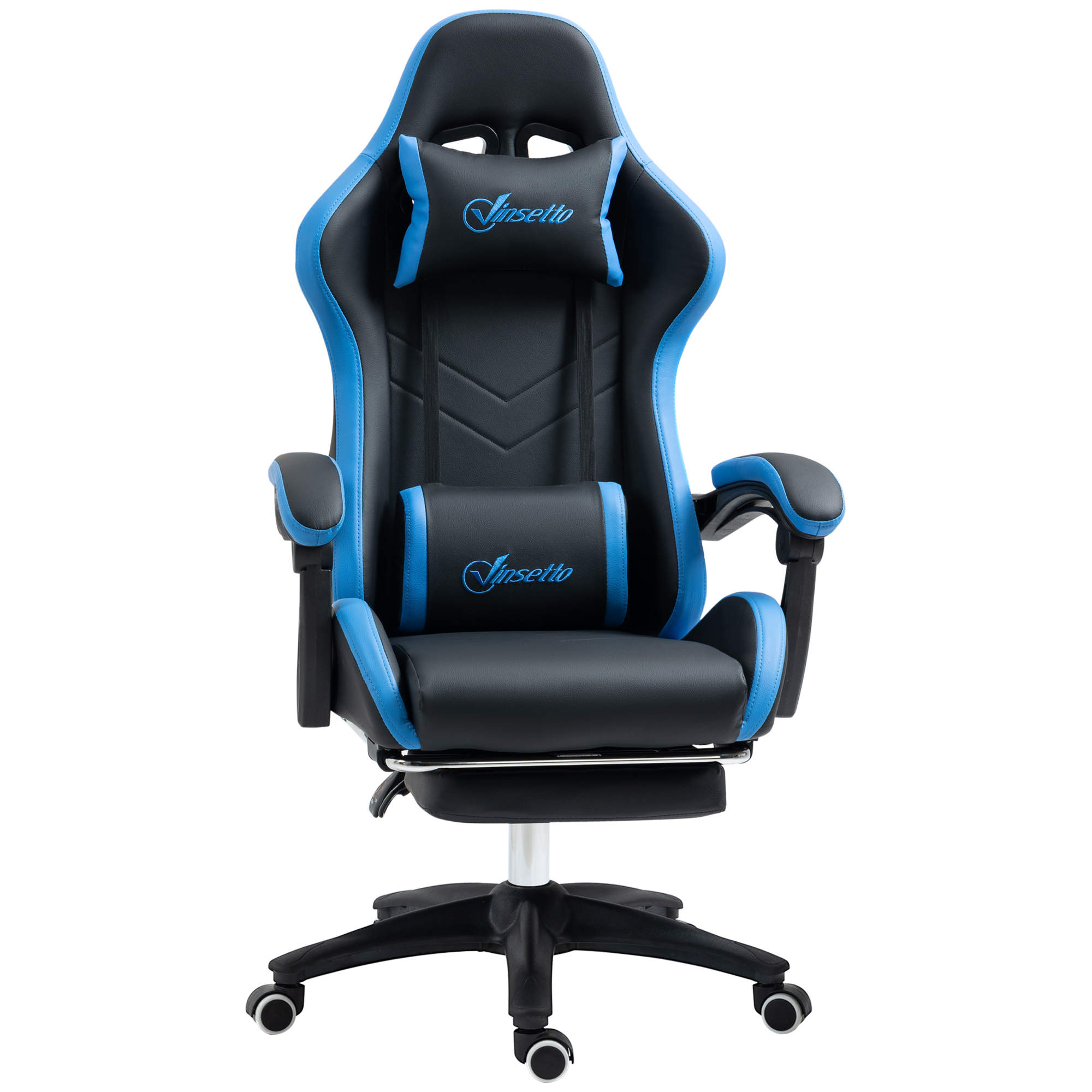 Una sedia da gaming nera e blu con poggiapiedi e la scritta "Vinsetto" sul poggiatesta e sul supporto lombare.