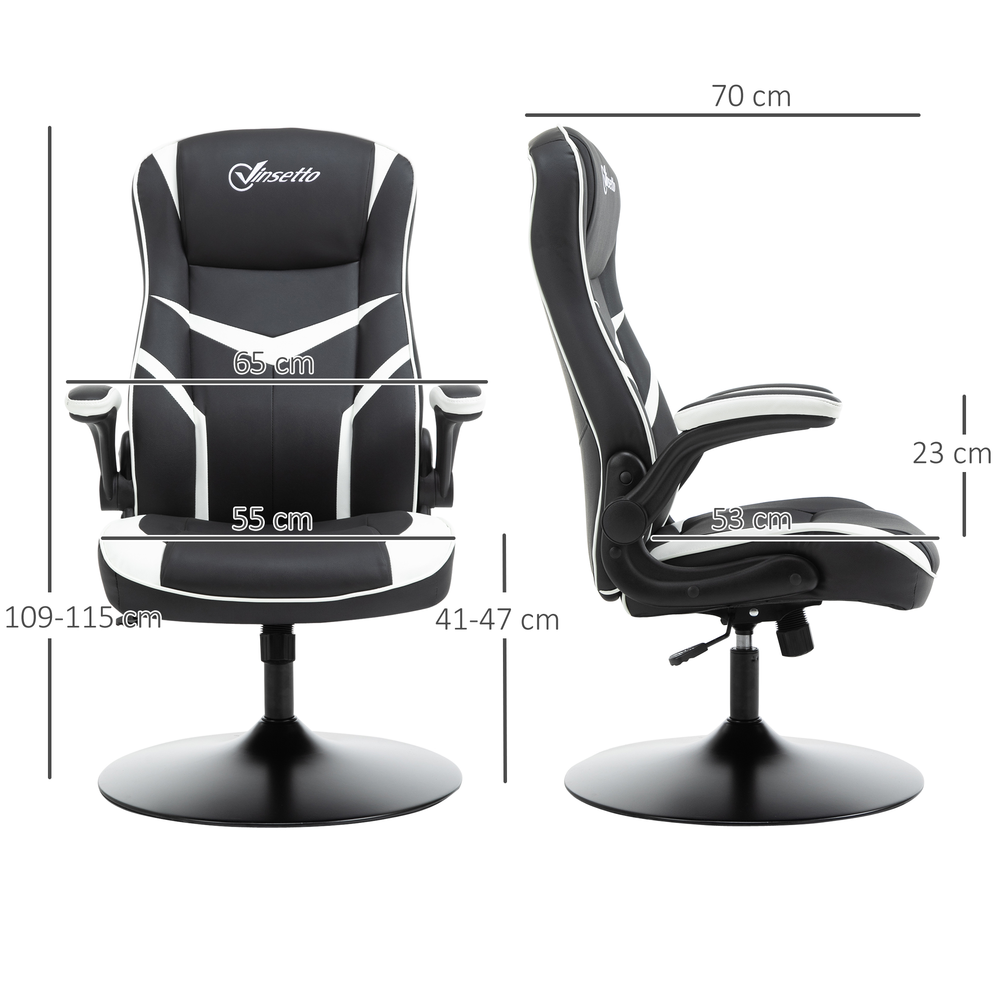 Sedia da gaming bianca e nera con misure.