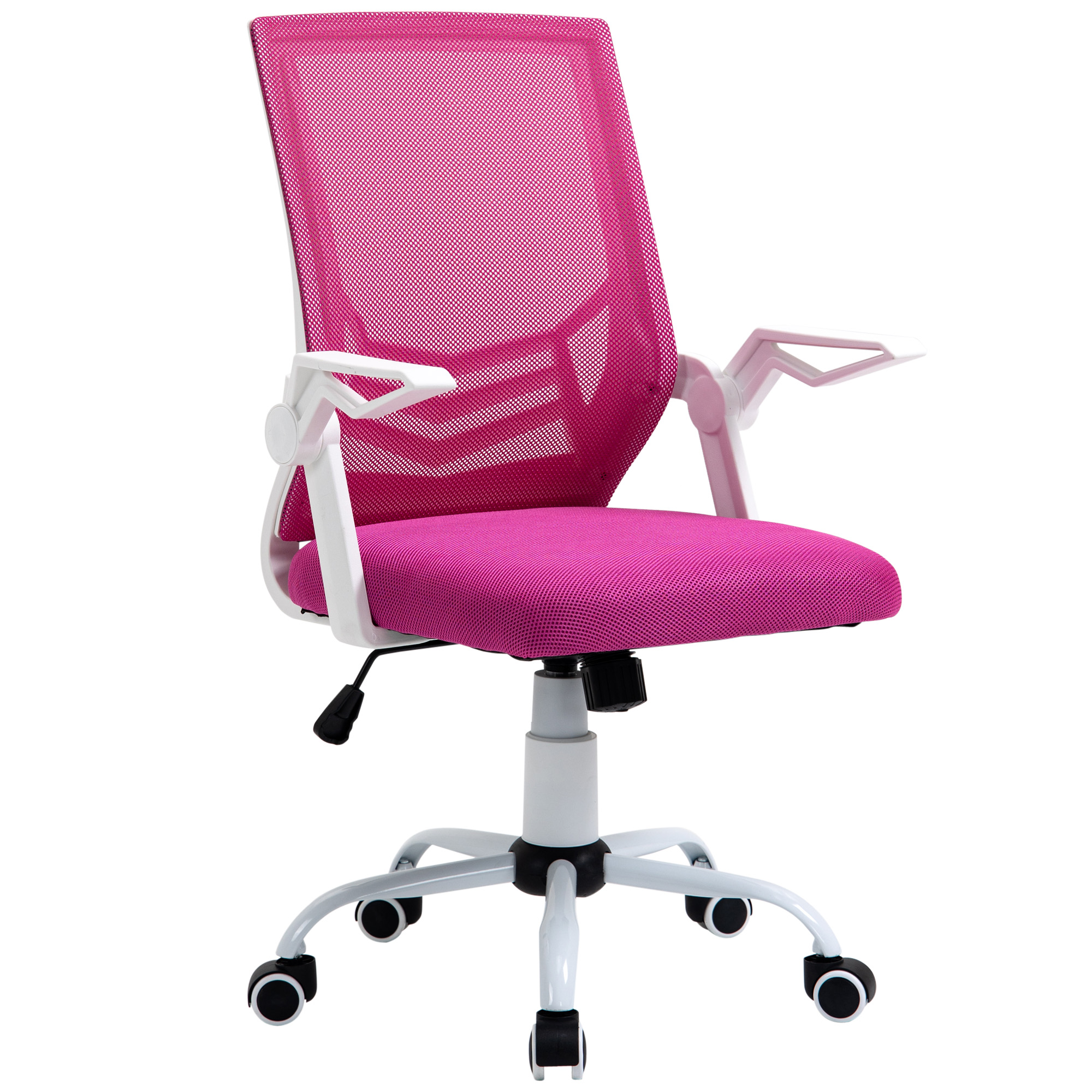 Una sedia da ufficio rosa con schienale in rete e telaio bianco, su sfondo bianco.