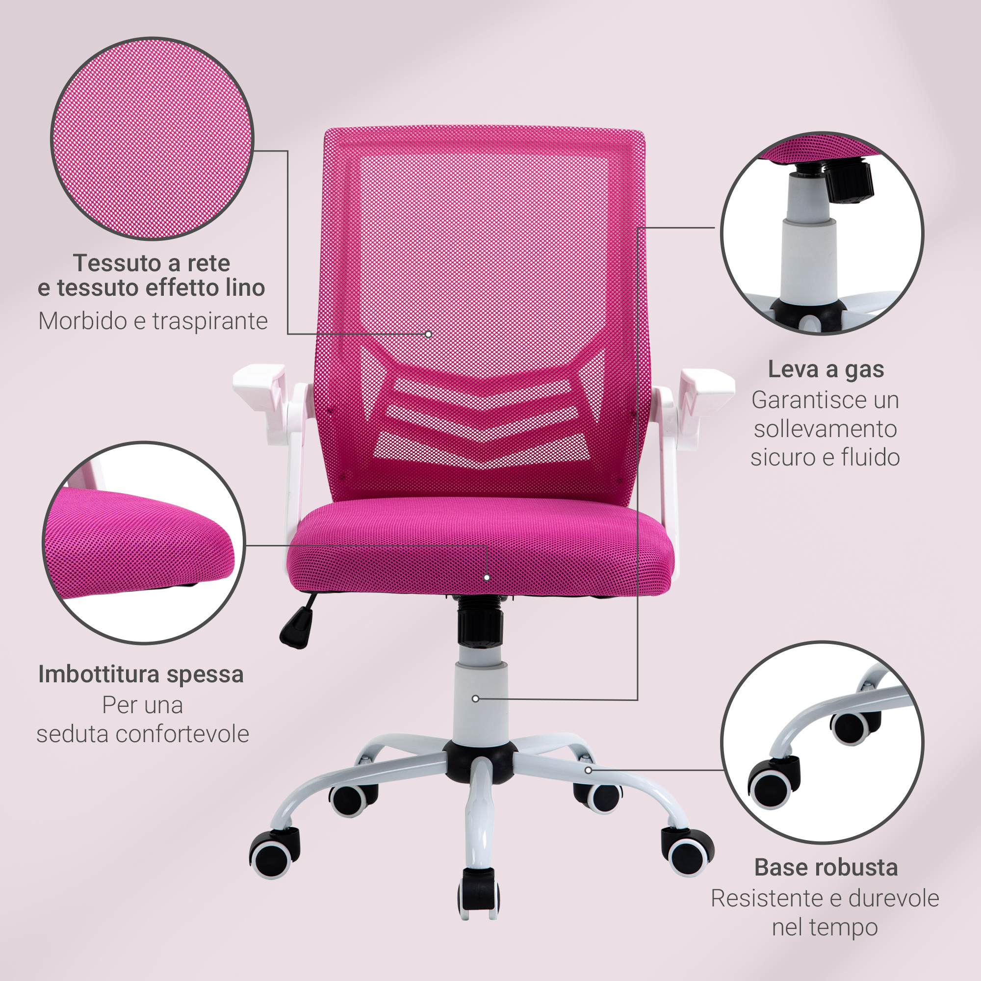 Sedia da ufficio in rete rosa con dettagli. Base, schienale e braccioli bianchi.