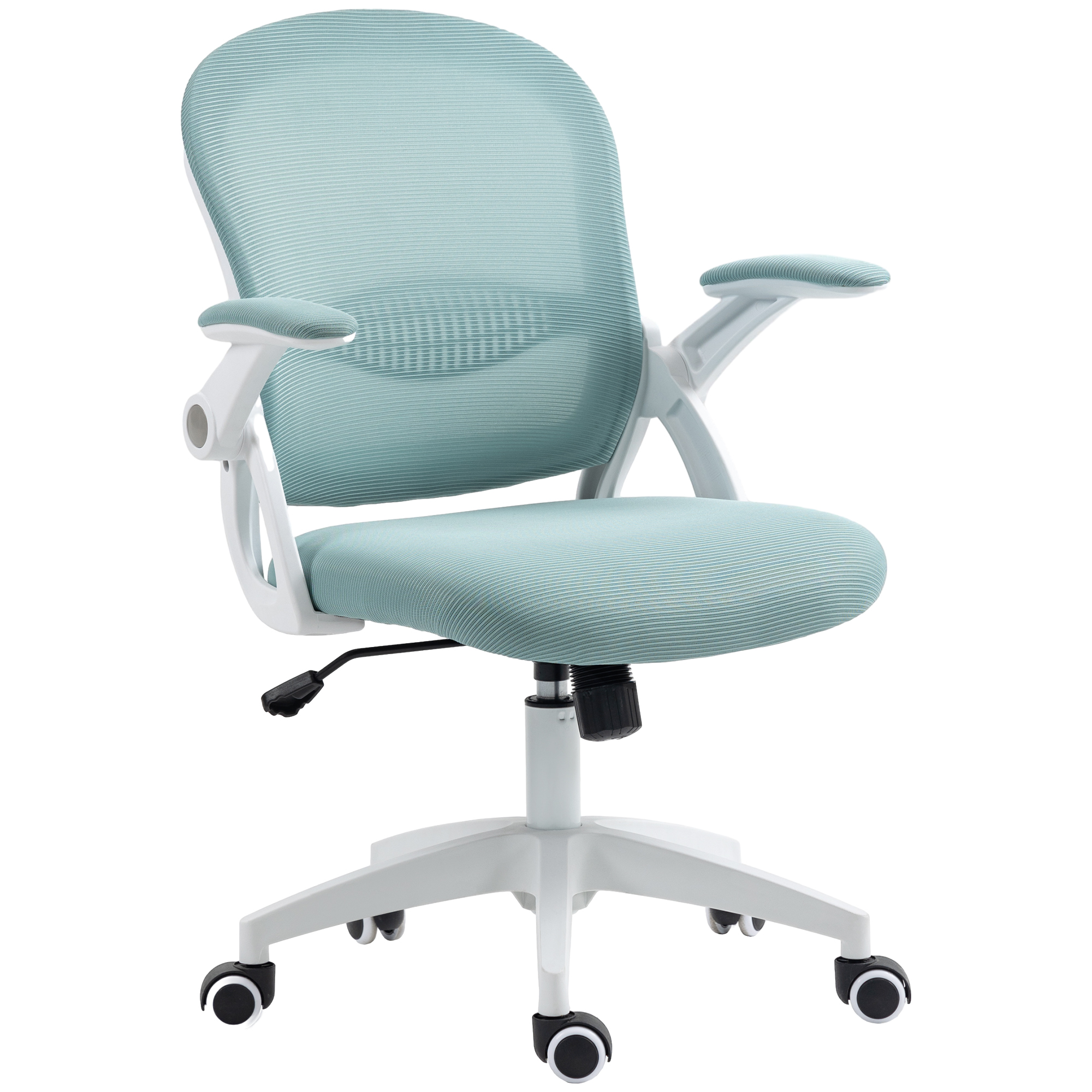 Sedia da ufficio azzurra con telaio bianco. Isolato su sfondo bianco.