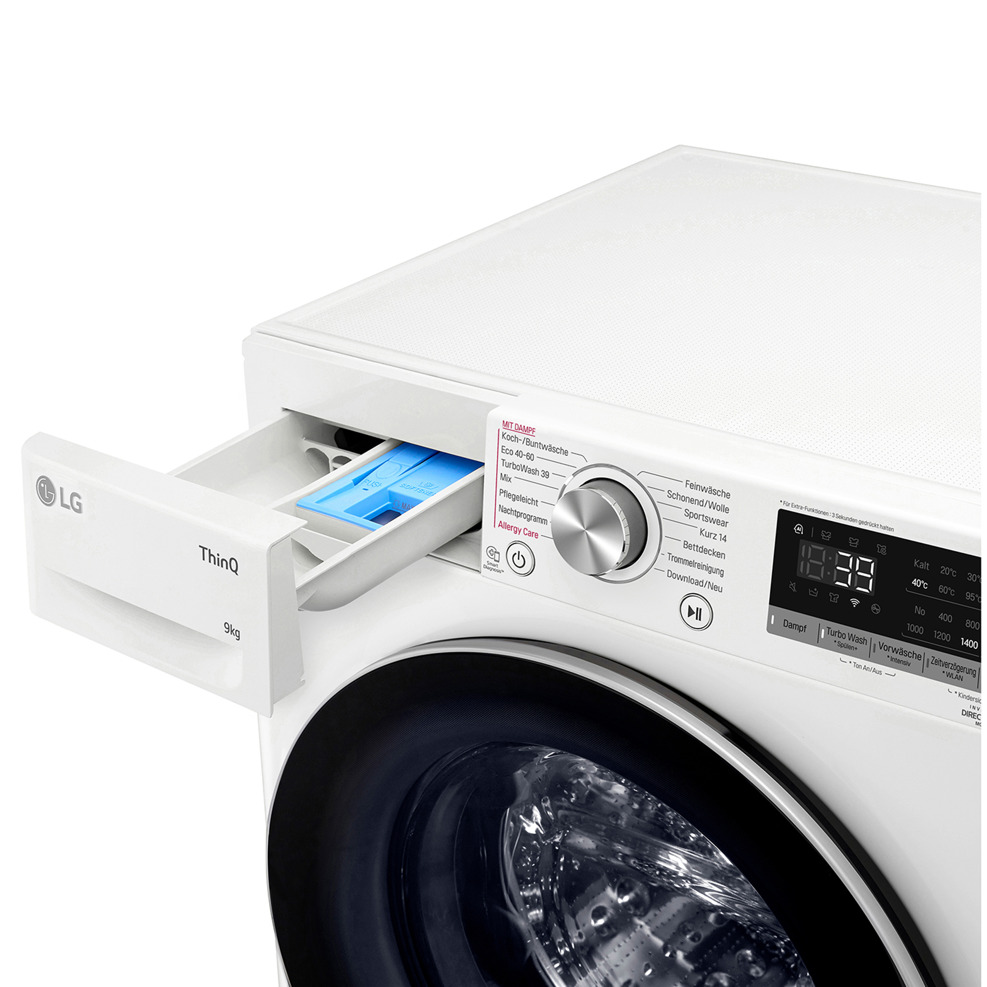 Weiße Waschmaschine mit geöffneter Waschmittelschublade, Digitalanzeige.