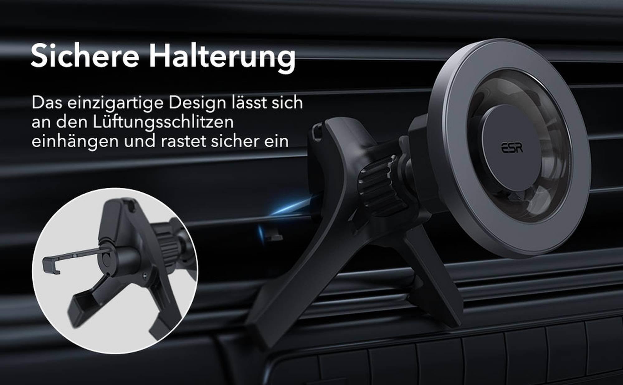Ein Autotelefonhalter mit Magnetbefestigung, in der Nähe der Lüftungsöffnung des Autos.