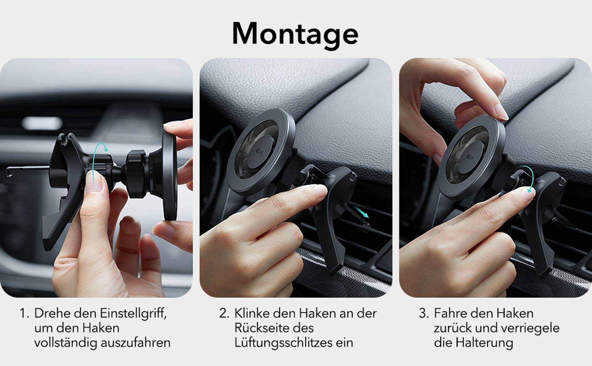 Drei Bilder zeigen die Montage einer Autohalterung.