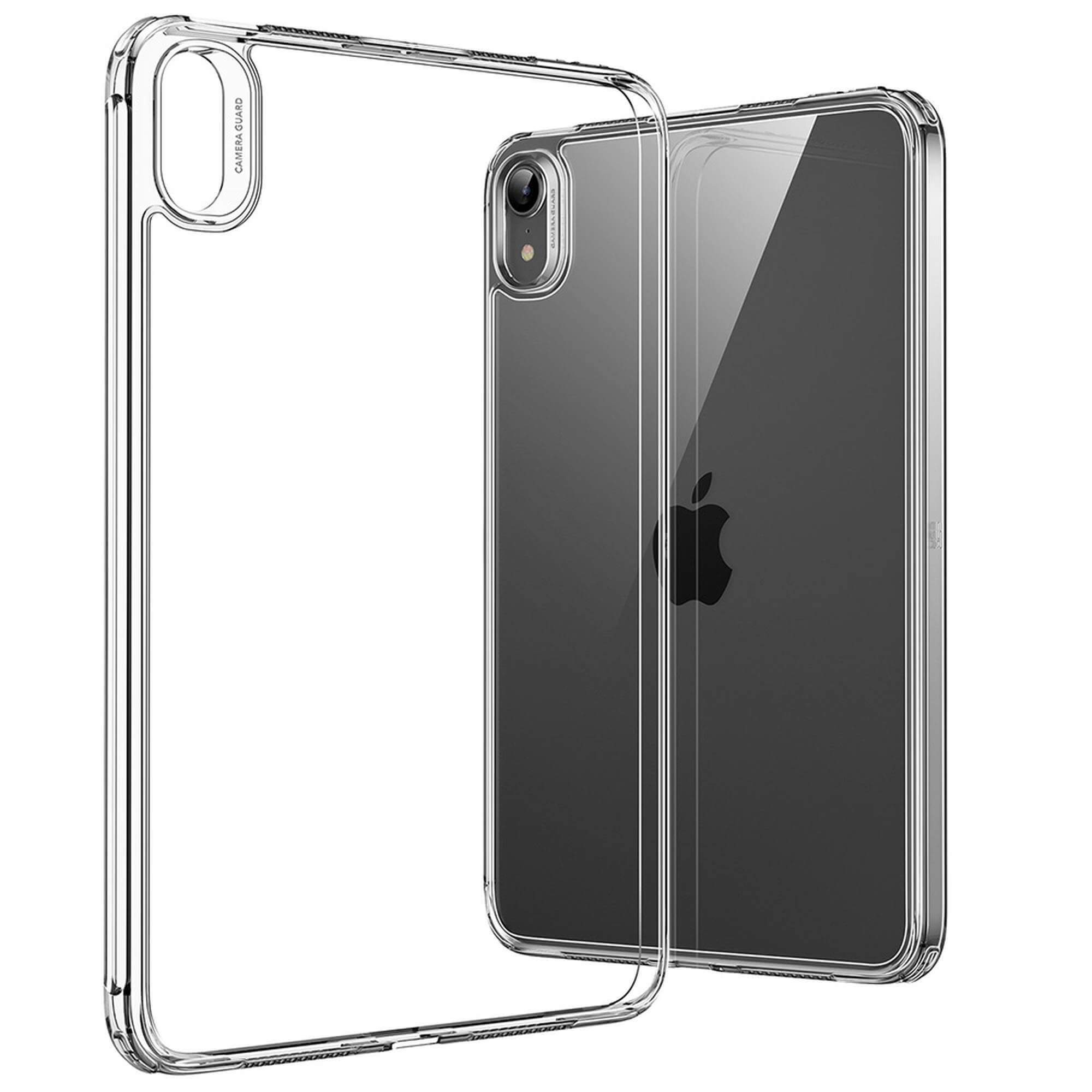 Transparente Handyhülle mit Kameraschutz. Das Telefon ist sichtbar, das Apple-Logo ist mittig.