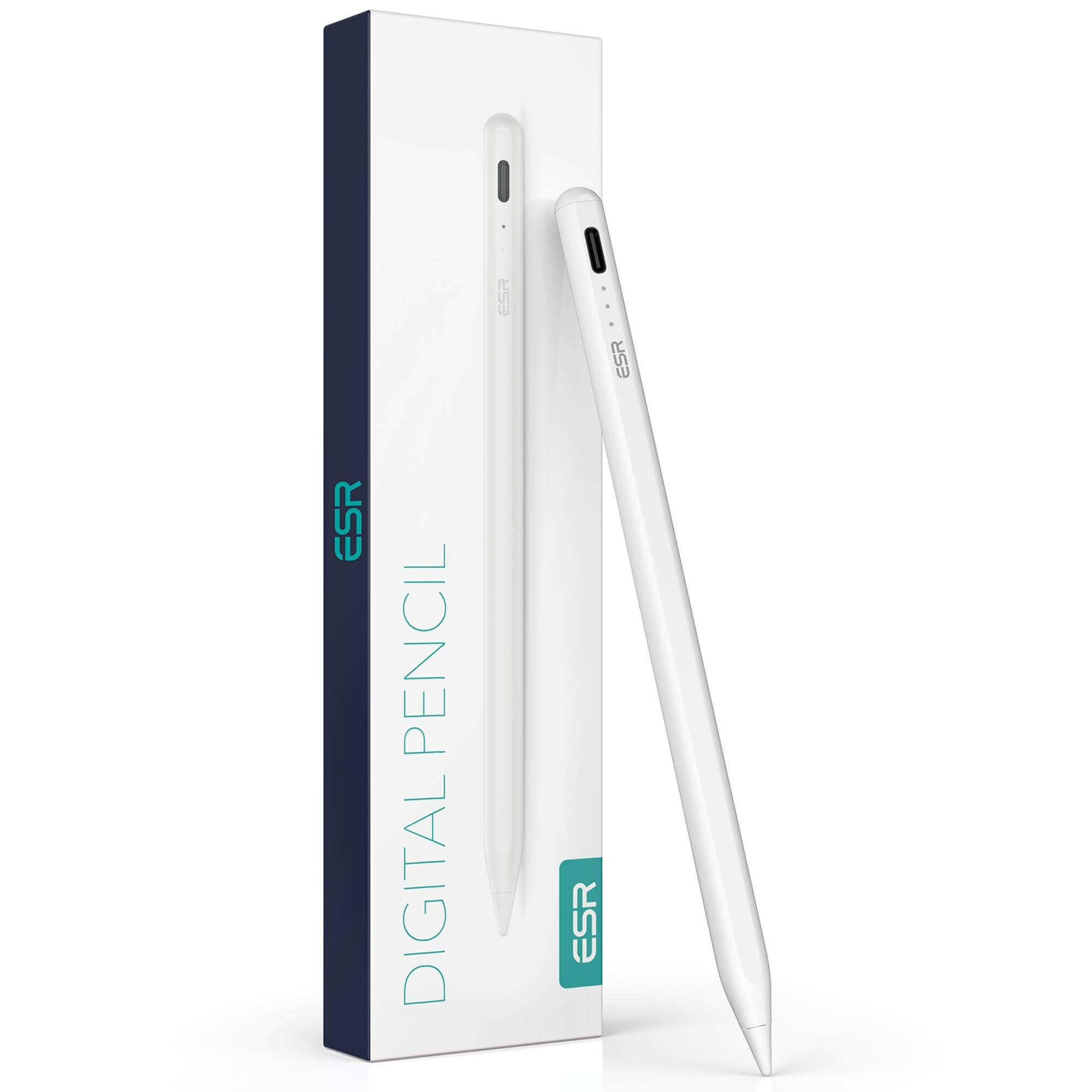 Ein weißer digitaler Stift und seine Verpackung, der Stift leicht angewinkelt neben der Box.
