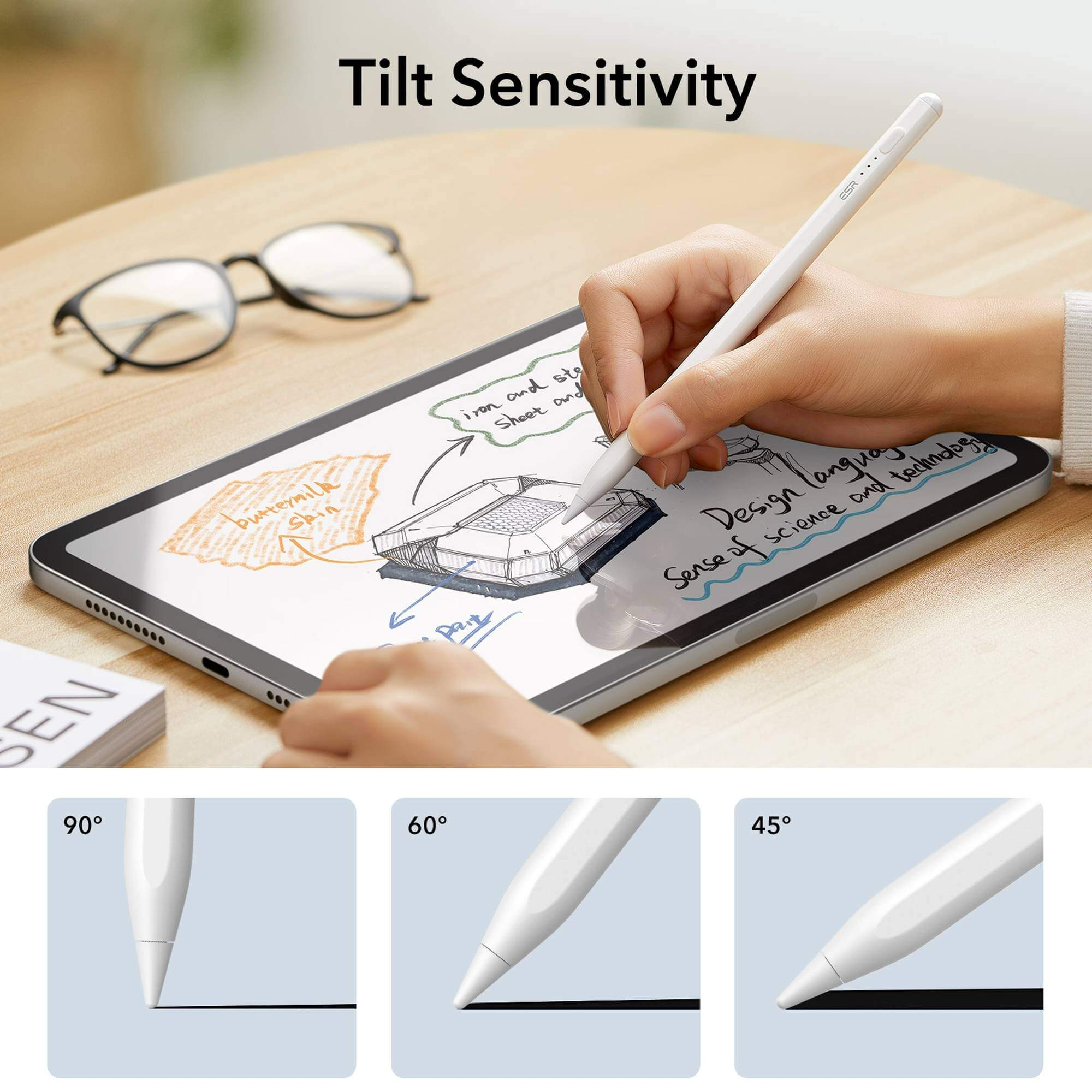 Ein Tablet mit Stift, zeigt Neigungsempfindlichkeit in 90, 60 und 45 Grad Winkeln.