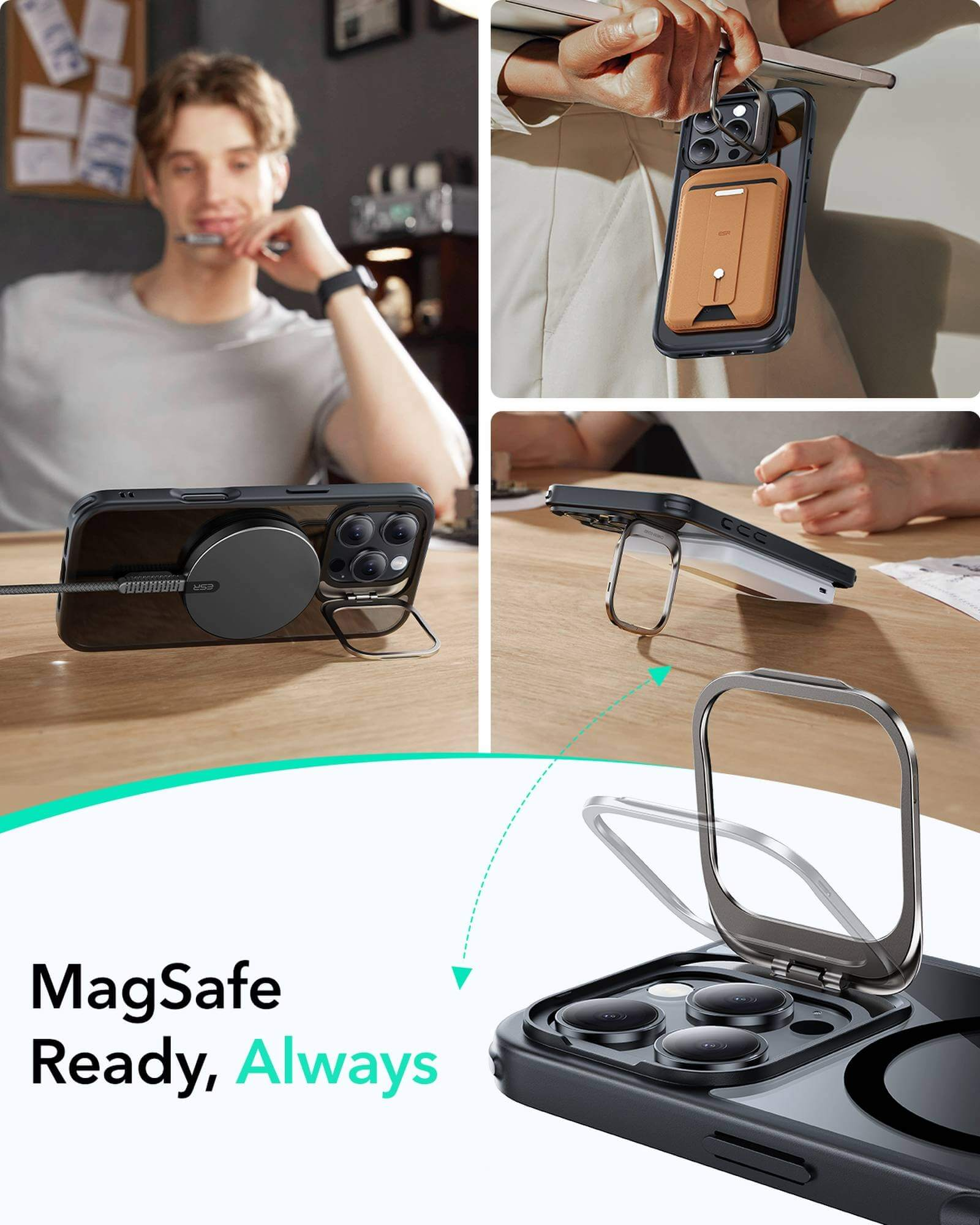 Ein Mann hält ein Telefon mit einer Hülle. Die Hülle hat einen Kartenhalter und einen Ständer. MagSafe bereit.
