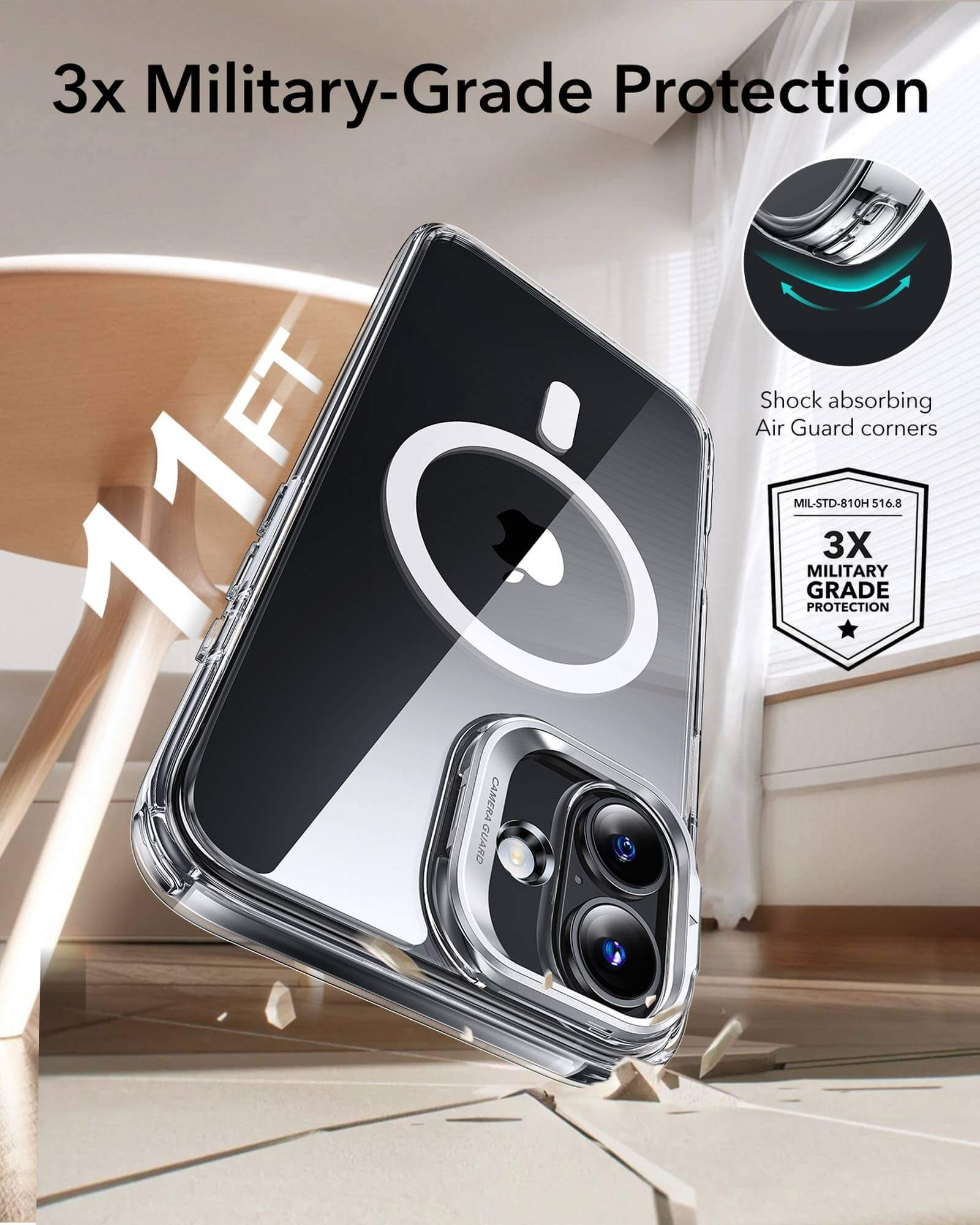 Coque de téléphone transparente montrant un iPhone avec un anneau MagSafe et des détails de protection.