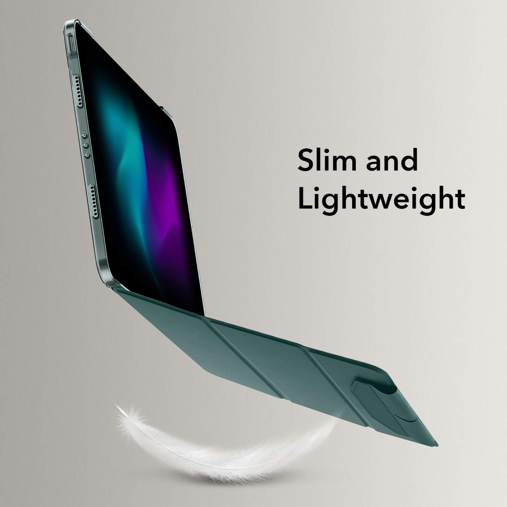Ein Tablet in einer grünen Hülle, leicht geöffnet, mit einer Feder, Text lautet "Schlank und leicht".
