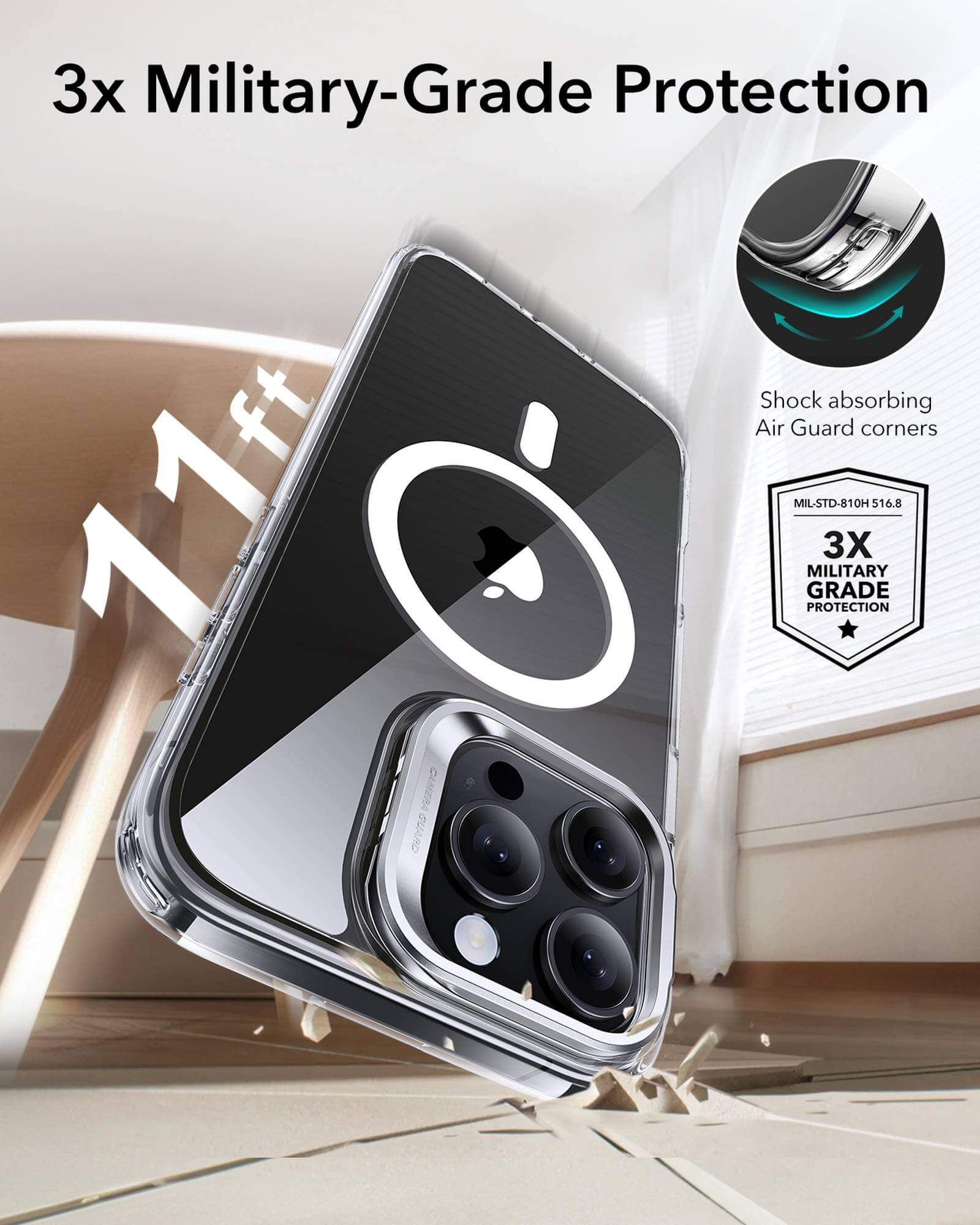Un étui de téléphone transparent protégeant un téléphone. Le téléphone a un cercle blanc à l'arrière avec une zone de caméra.