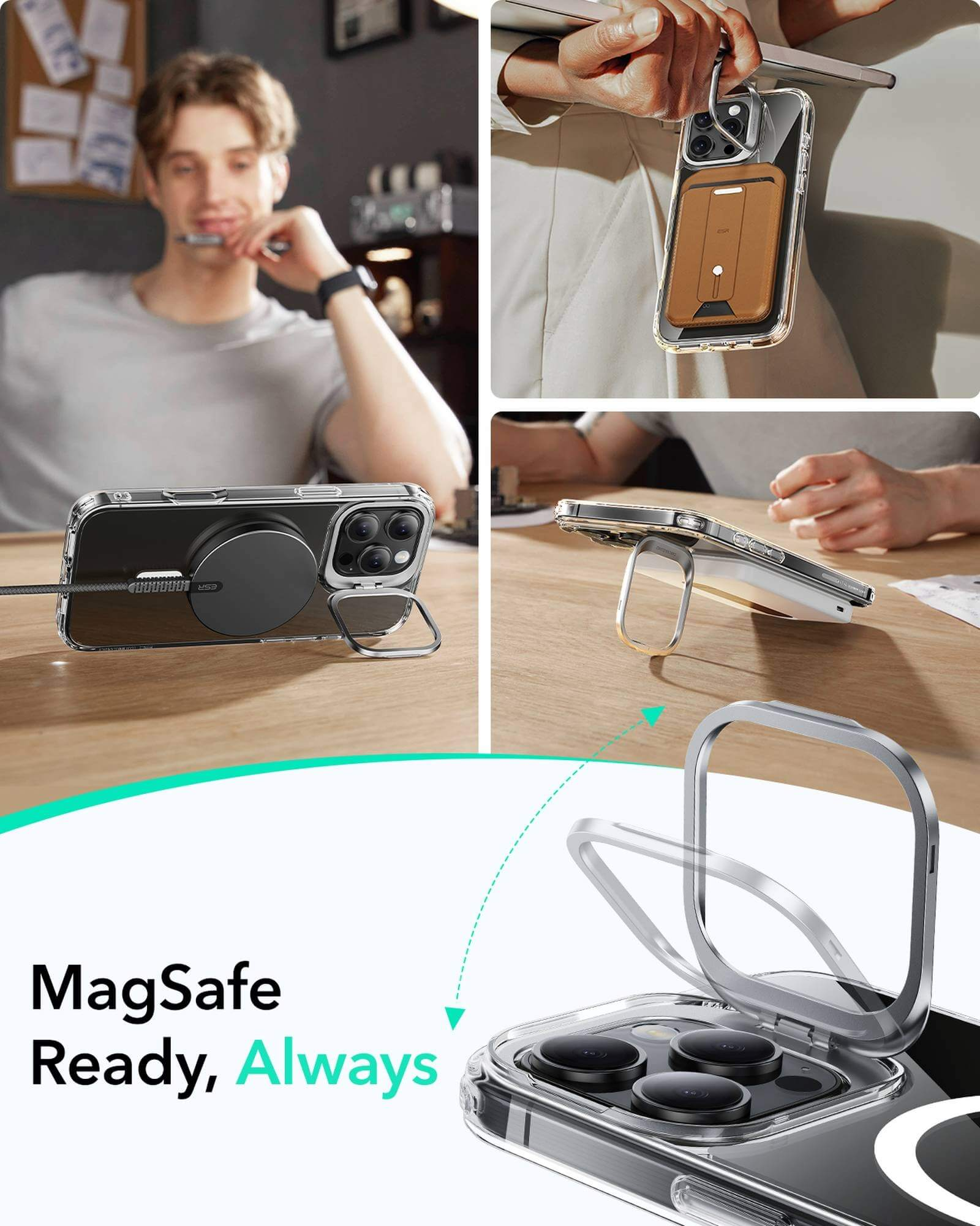 Plusieurs images de téléphones avec accessoires MagSafe, présentant ses fonctionnalités.