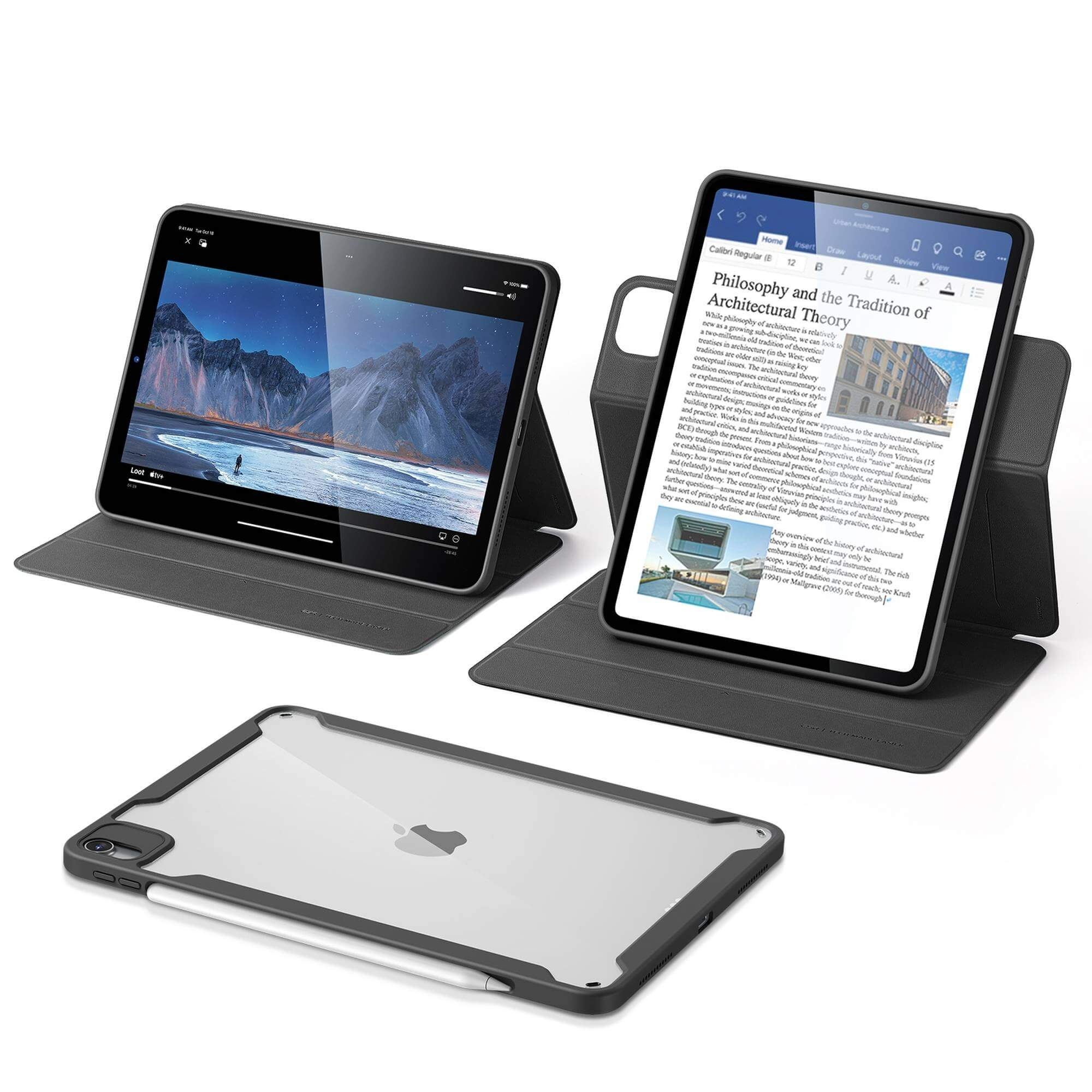 Drei iPads. Eines zeigt ein Video, ein anderes ein Dokument, das dritte in einem Gehäuse mit Stift.