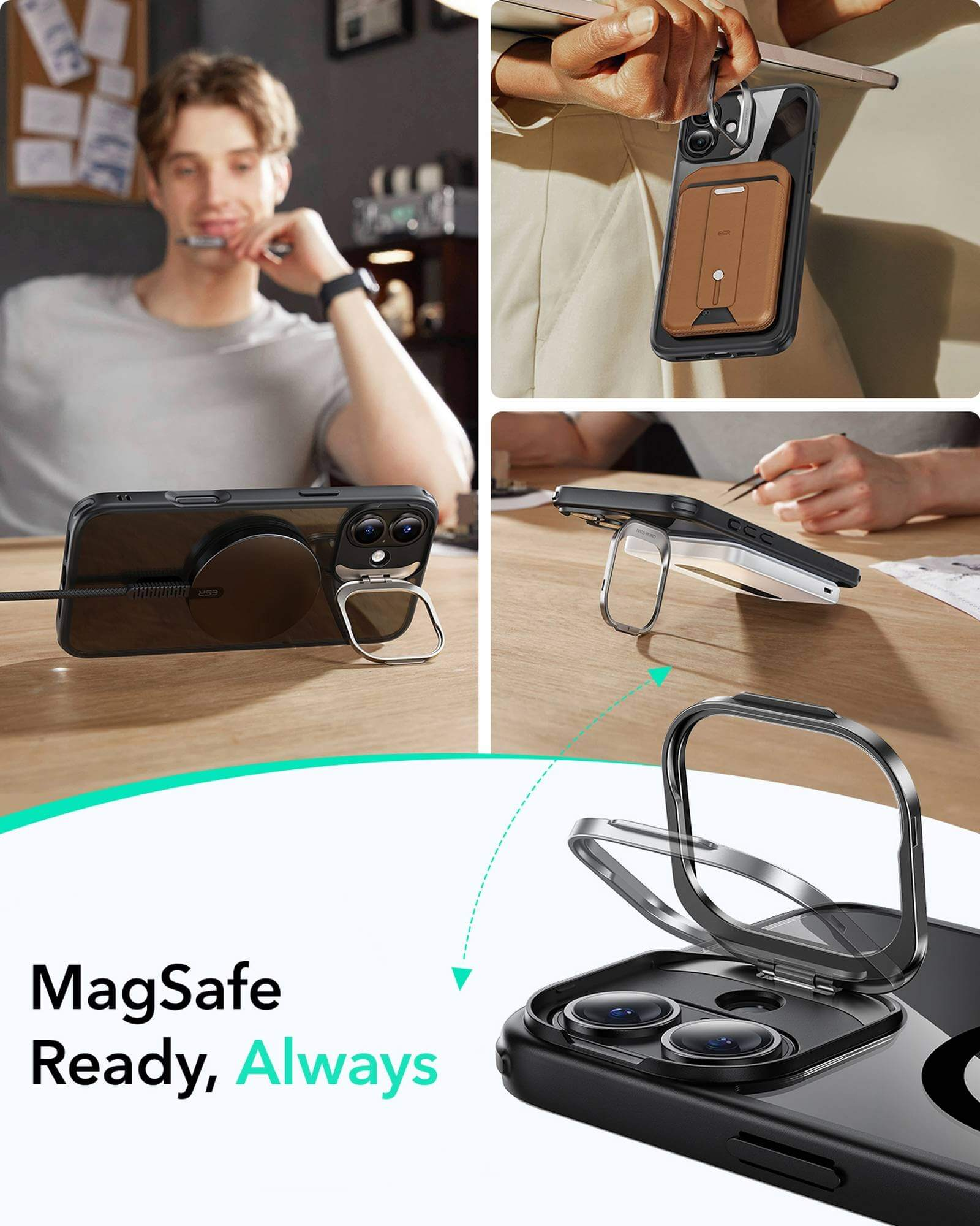 Mehrere Bilder eines Telefons mit Hülle und MagSafe-Zubehör. Ein Mann hält ein Telefon und lächelt.