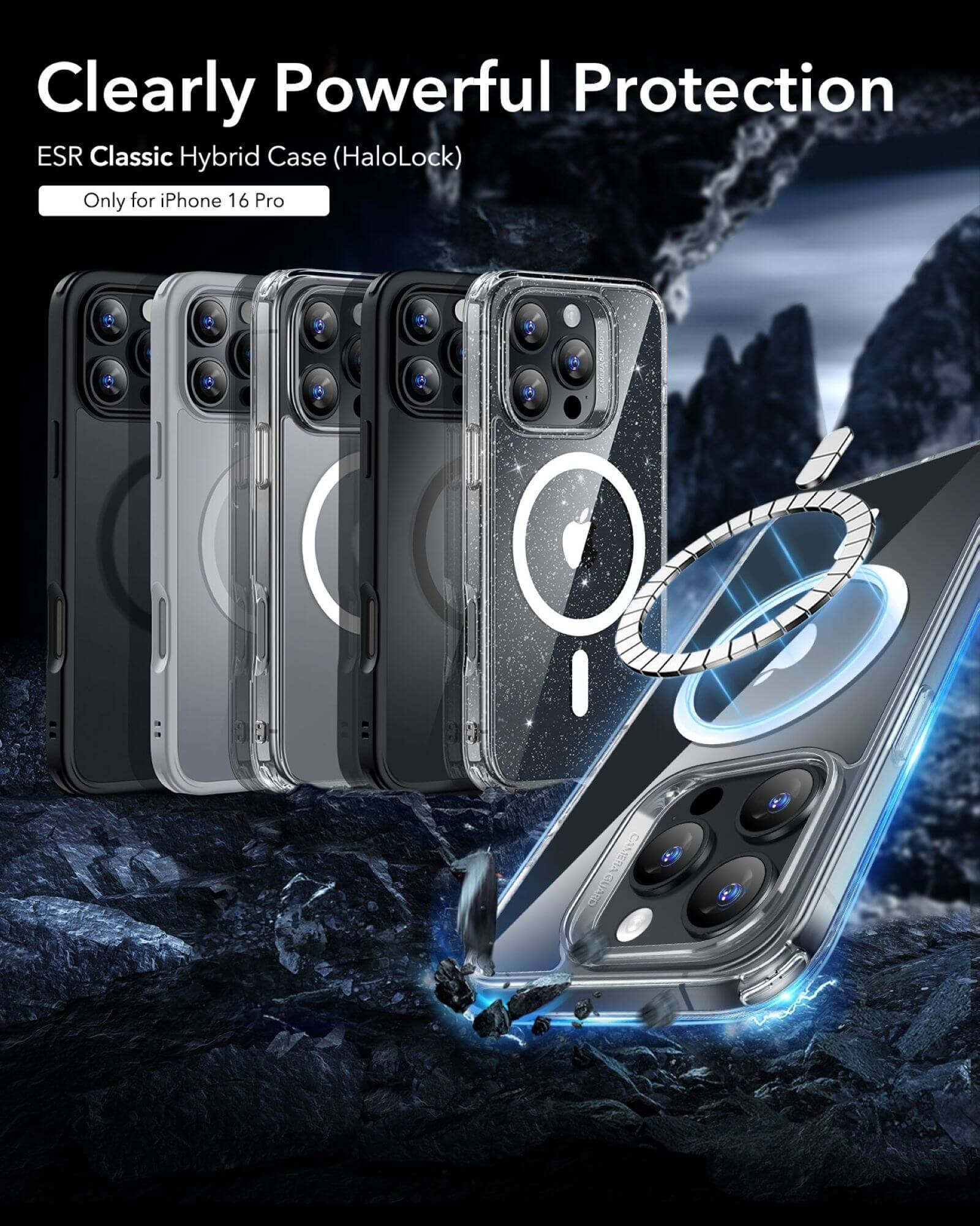 Coques de téléphone en rang, montrant l'arrière transparent et la protection de l'appareil photo.